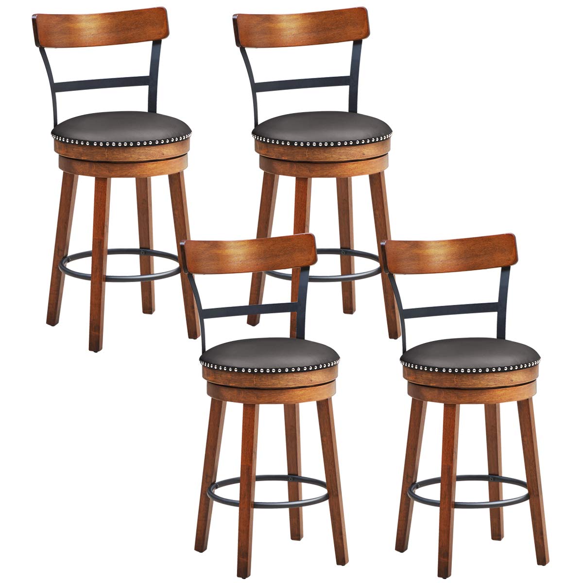 360-Degree Swivel Stools with Leather Padded Seat, Single Slat Ladder Back & Solid Rubber Wood Legs