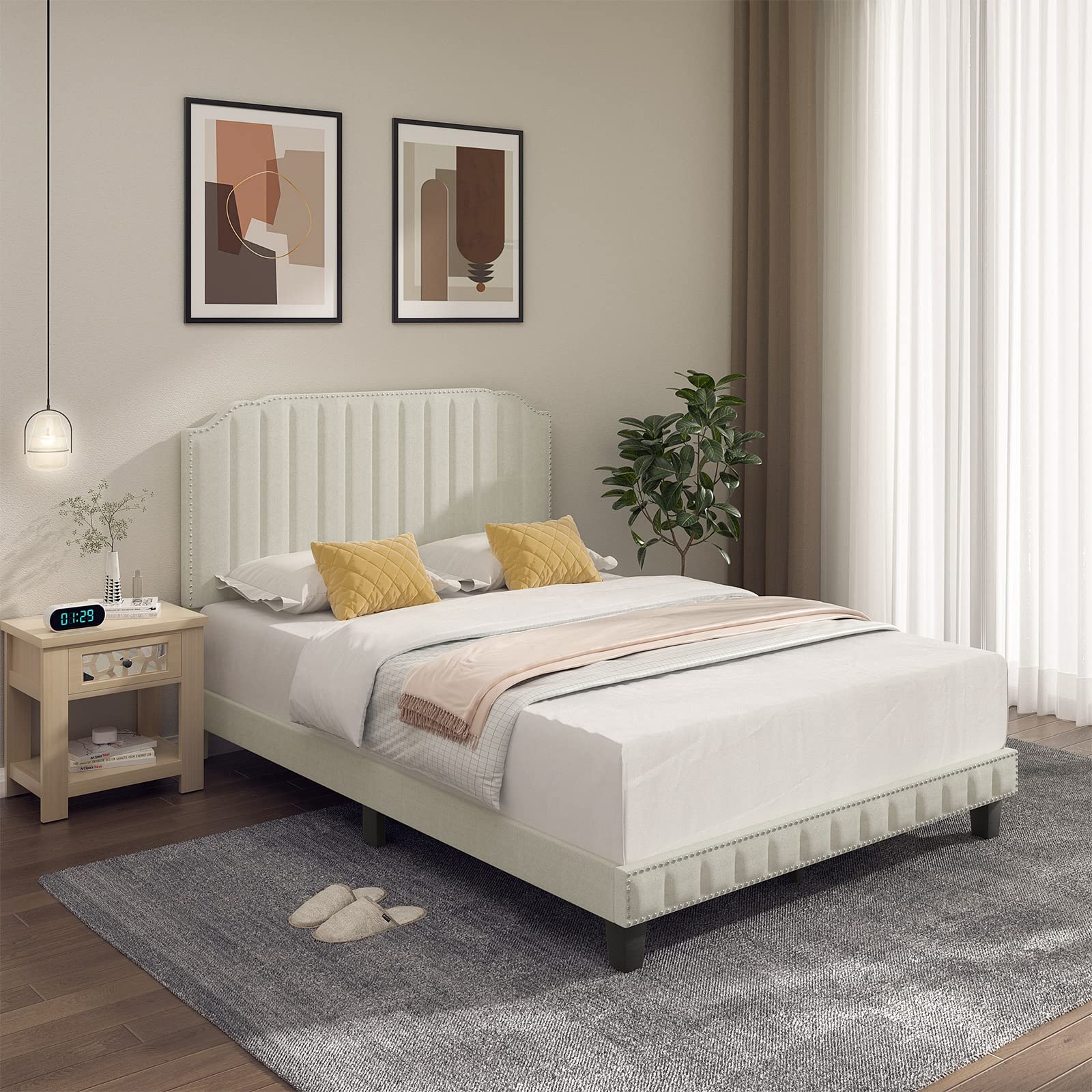 Giantex Upholstered Bed Frame, Linen Platform Bed w/Rivet Headboard, Heavy Duty Mattress Foundation