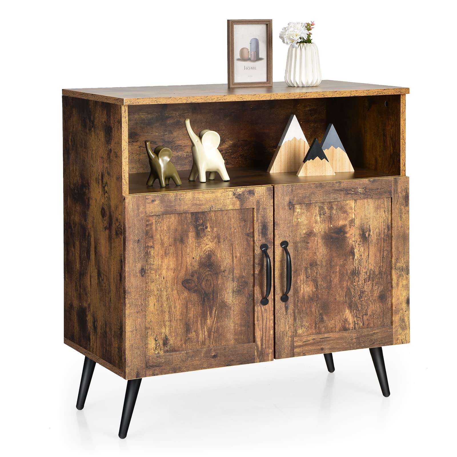 Giantex Mid-Century Storage Cabinet, Wooden Floor Cabinet with 2 Doors, Rustic Brown