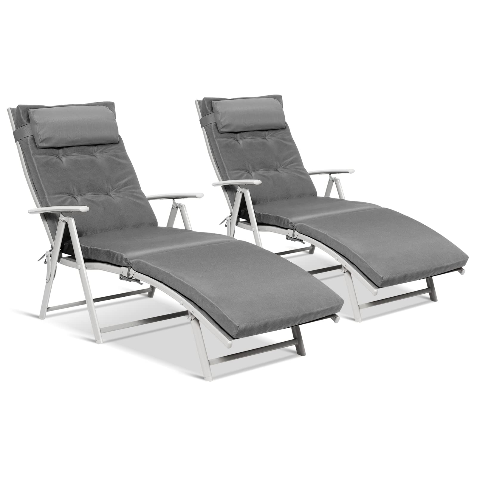 Pool Folding Reclining Beach Chair W/Removable Cushion&Headrest Pillow