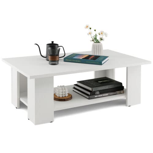 Giantex Wood Coffee Table w/Storage Shelf, 36"L 2-Tier Large Modern Tea Table, White