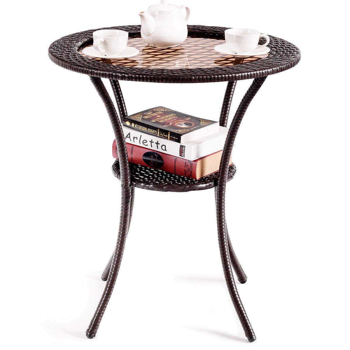 Giantex Round Rattan Wicker Coffee Table Glass Top Steel Frame Patio Furni (Round)