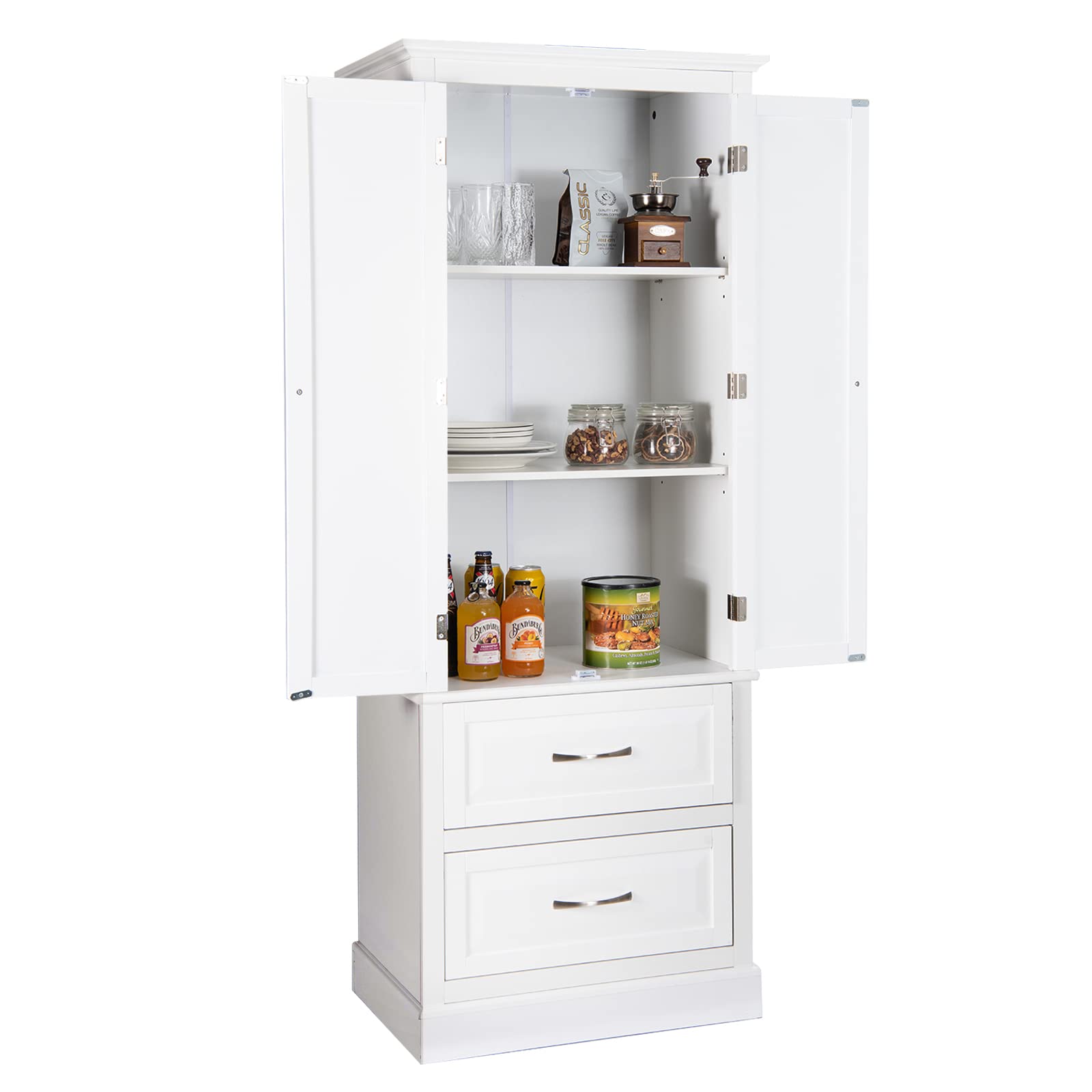 Giantex Kitchen Pantry Cabinet - 62” Floor Storage Cabinet with 2 Large Drawers(White)