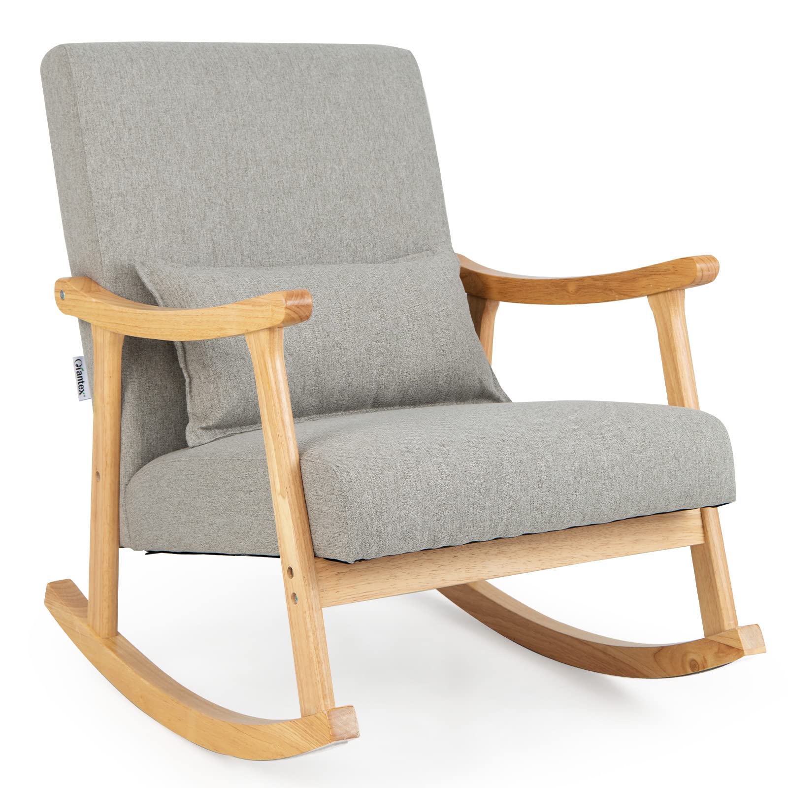 Giantex Upholstered Rocking Chair - Modern Rocker with Rubber Wood Frame, Comfy Backrest & Seat, Grey