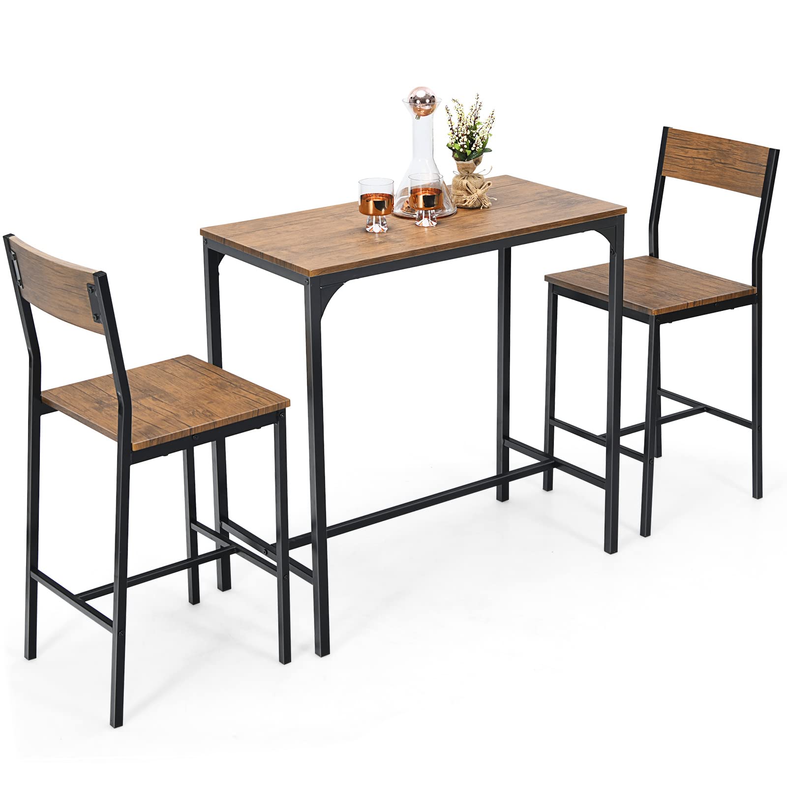 Giantex 3 Piece Pub Table Set, Bar Table and Chairs Set of 2, Rustic Brown