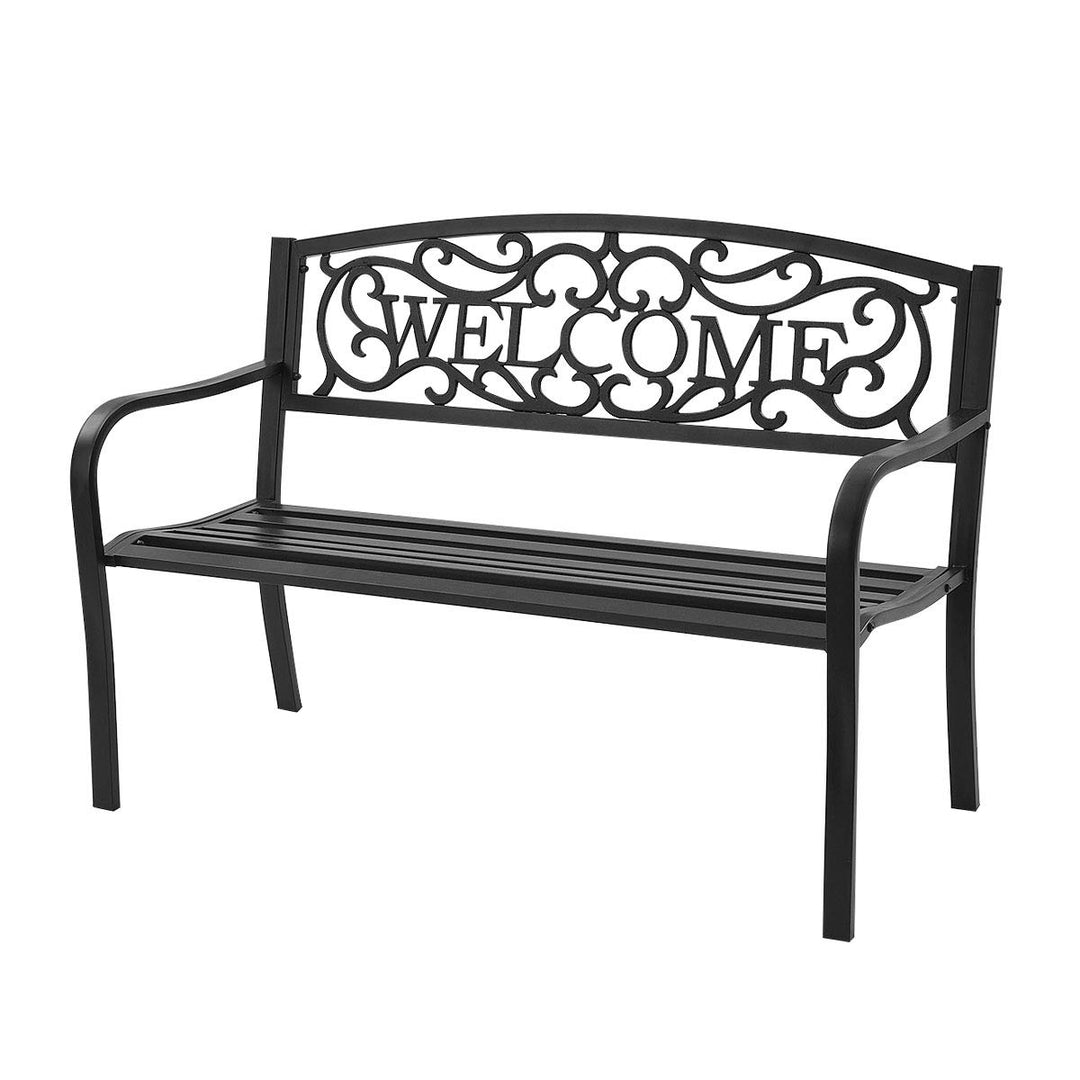 Giantex Garden Bench, Antique Metal Outside Bench w/Warm Welcome Pattern