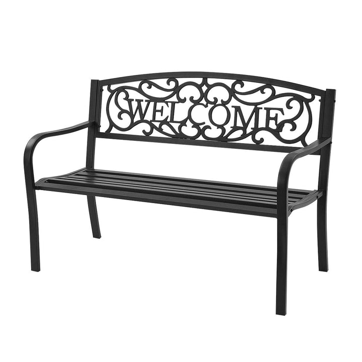 Giantex Garden Bench, Antique Metal Outside Bench w/Warm Welcome Pattern