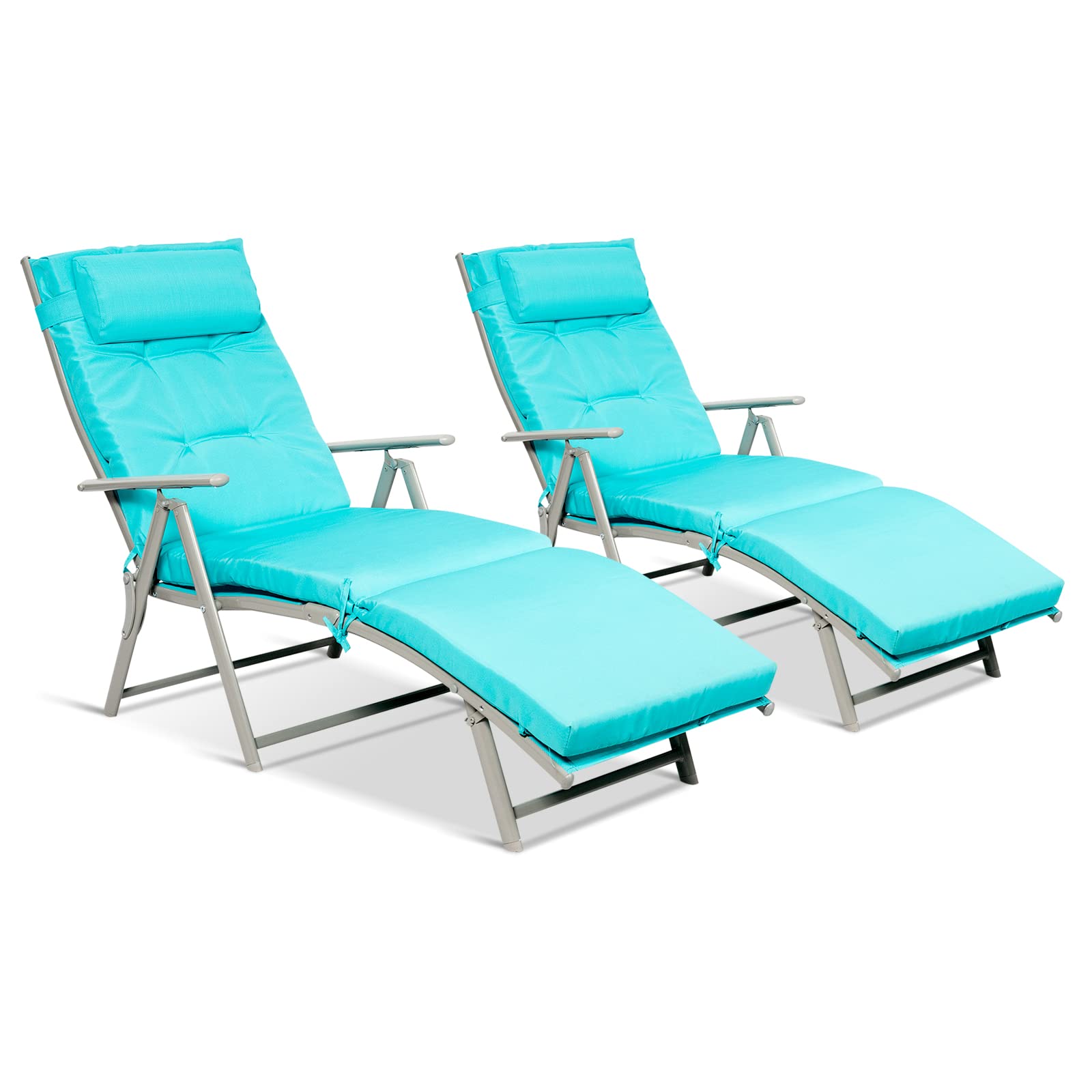 Pool Folding Reclining Beach Chair W/Removable Cushion&Headrest Pillow