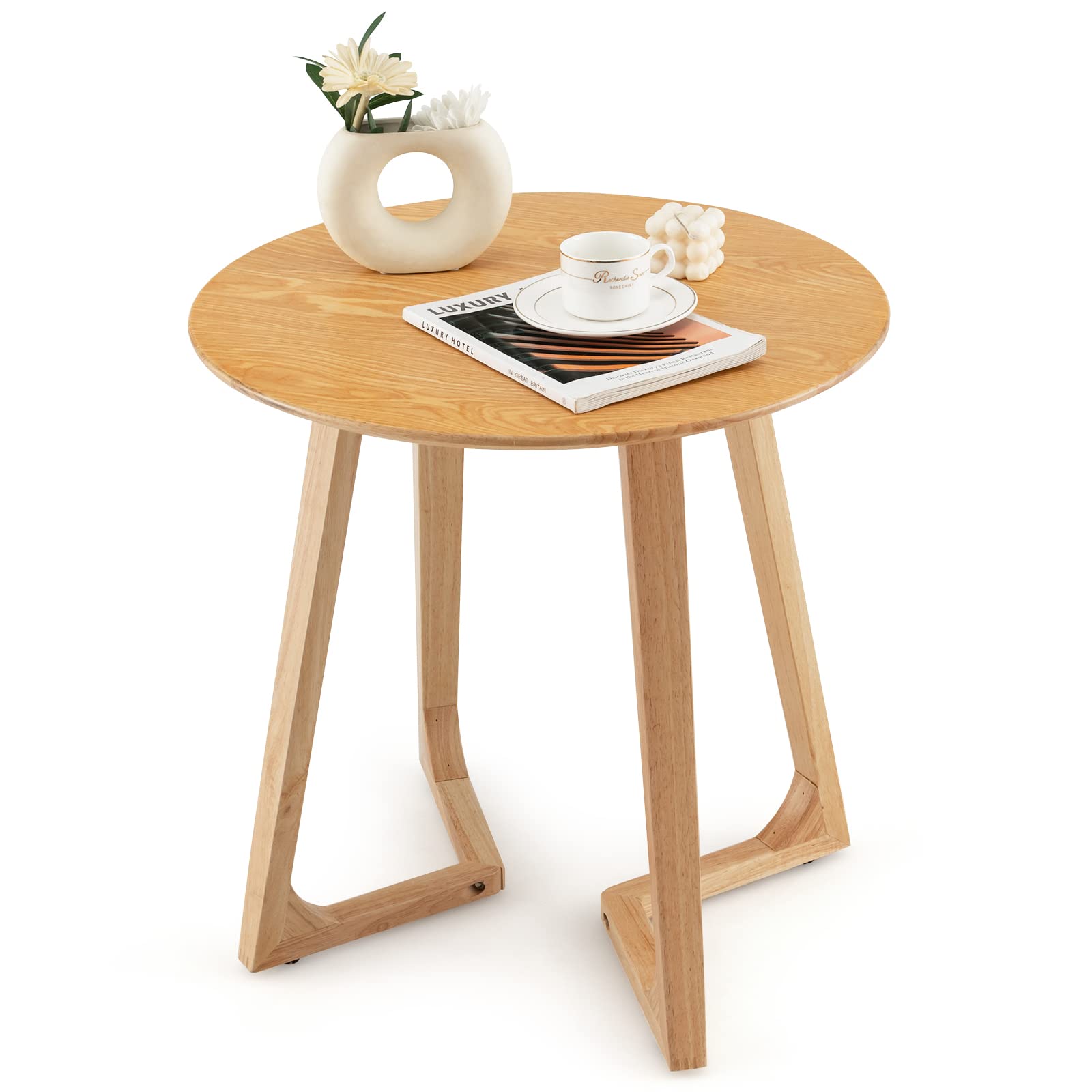 Giantex 24" Round End Table - Rubber Wood Sofa Side Table with Adjustable Foot Pads, Natural