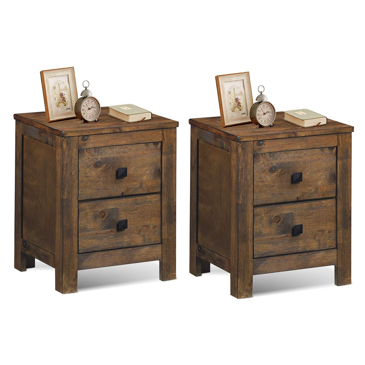 Giantex Nightstand with 2 Sliding Drawers, Full Assembled Rustic Multipurpose Storage Beside Table for Bedroom