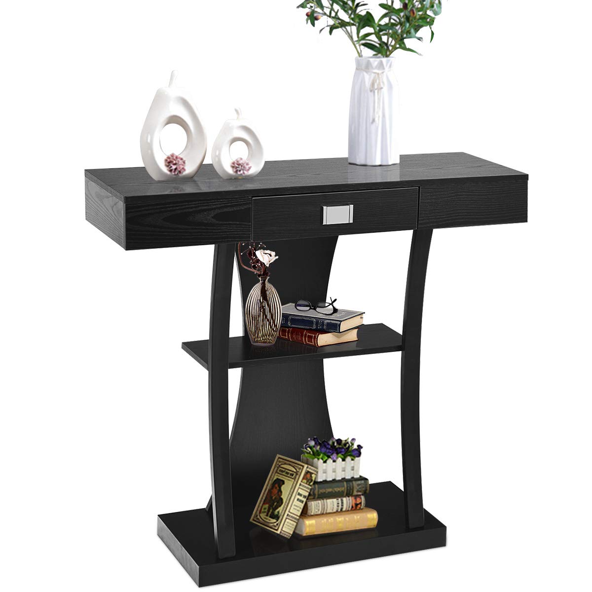Giantex Console Table, Sofa Table with Drawer and 2-Tier Shelves (Black)