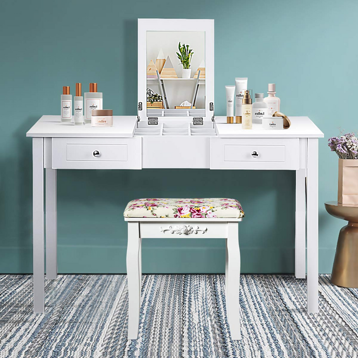 Giantex Vanity Set Makeup Table with Mirror, Cushioned Stool Bench Chair Large Desk Flip Top Home Bedroom