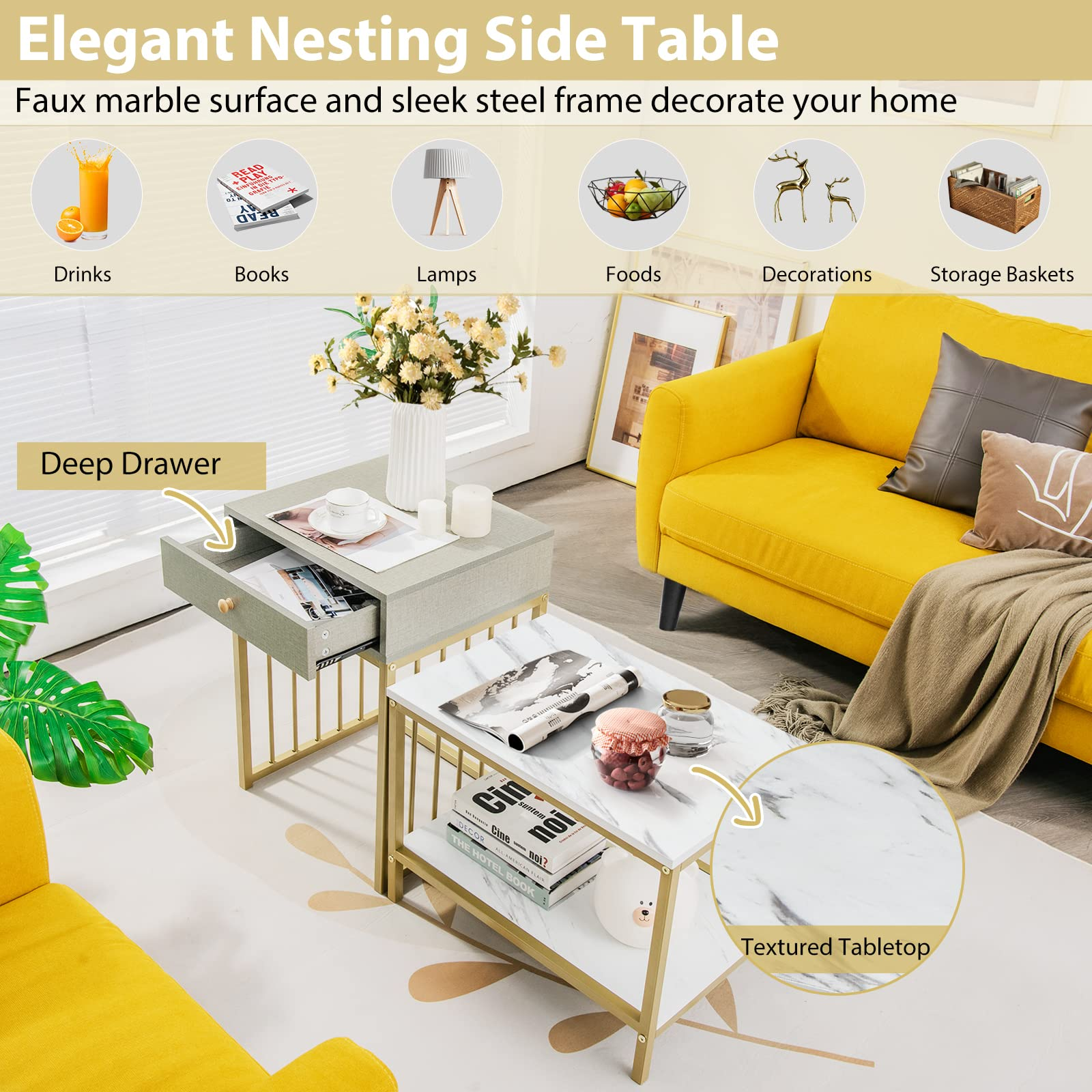 Giantex Nesting Coffee Table Set w/Drawer & Shelf