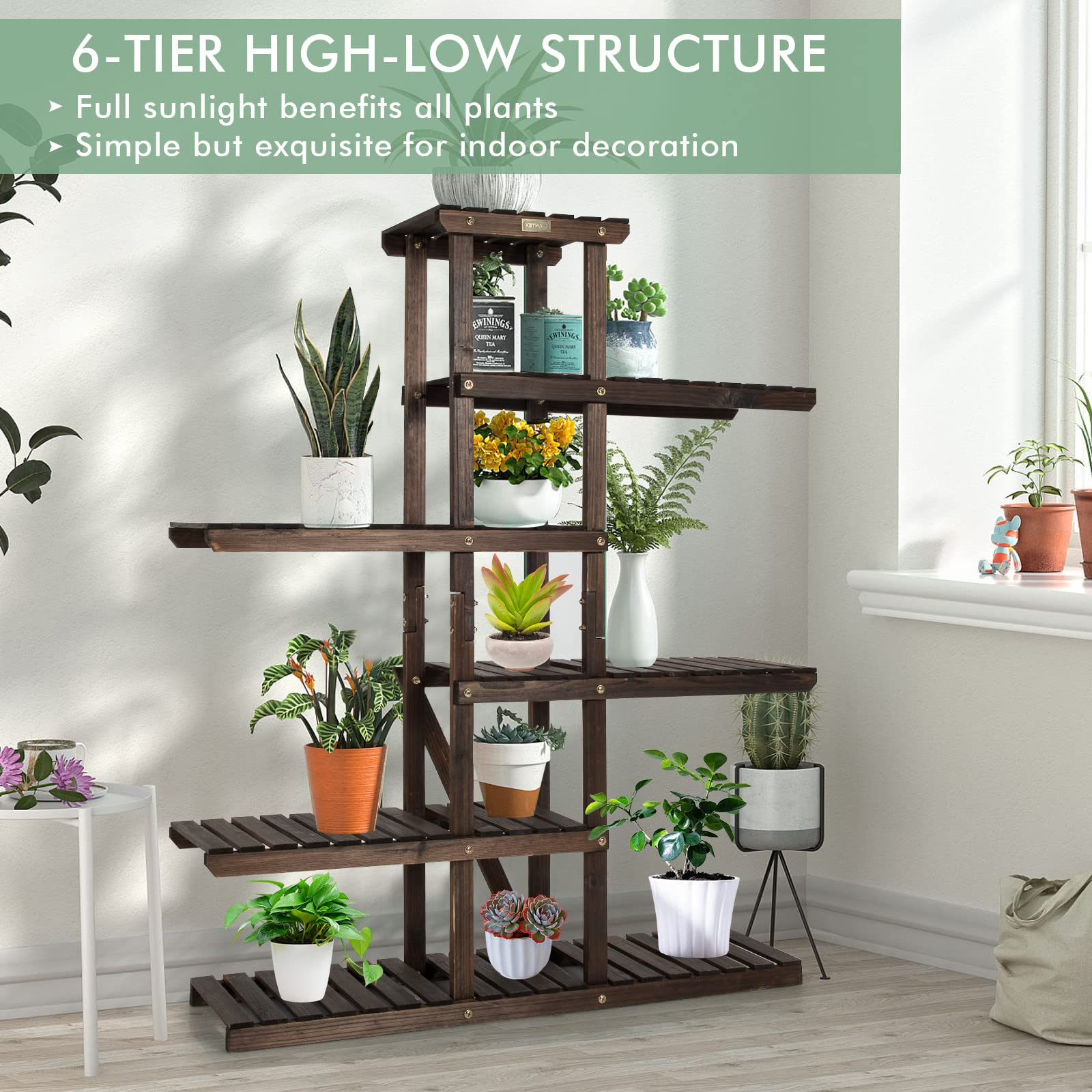 6-Tier Wooden Plant Stand for Indoor Outdoor