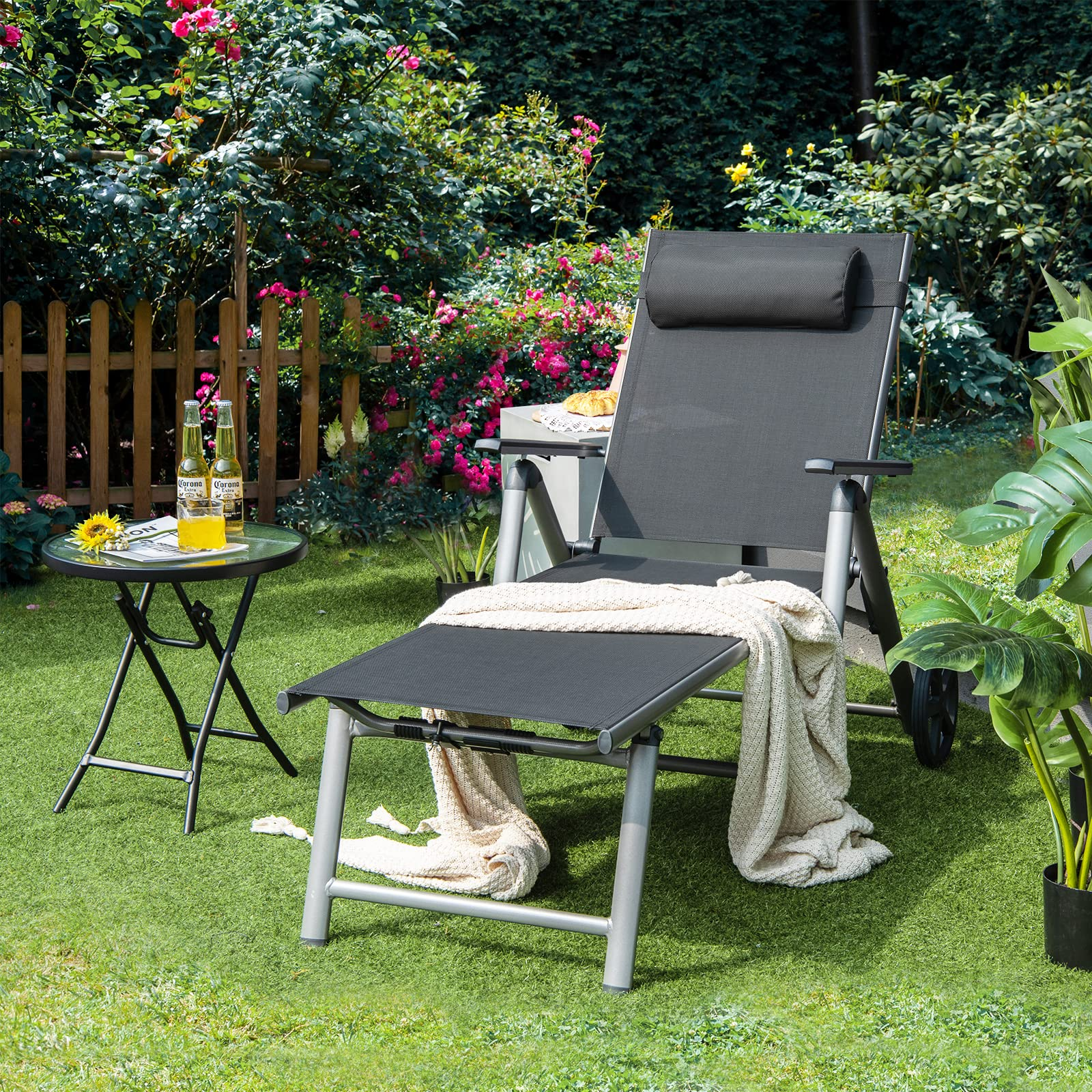 Giantex Chaise Lounge Outdoor Chair- Patio Folding Lounge Chair with Wheels, 7 Adjustable Level