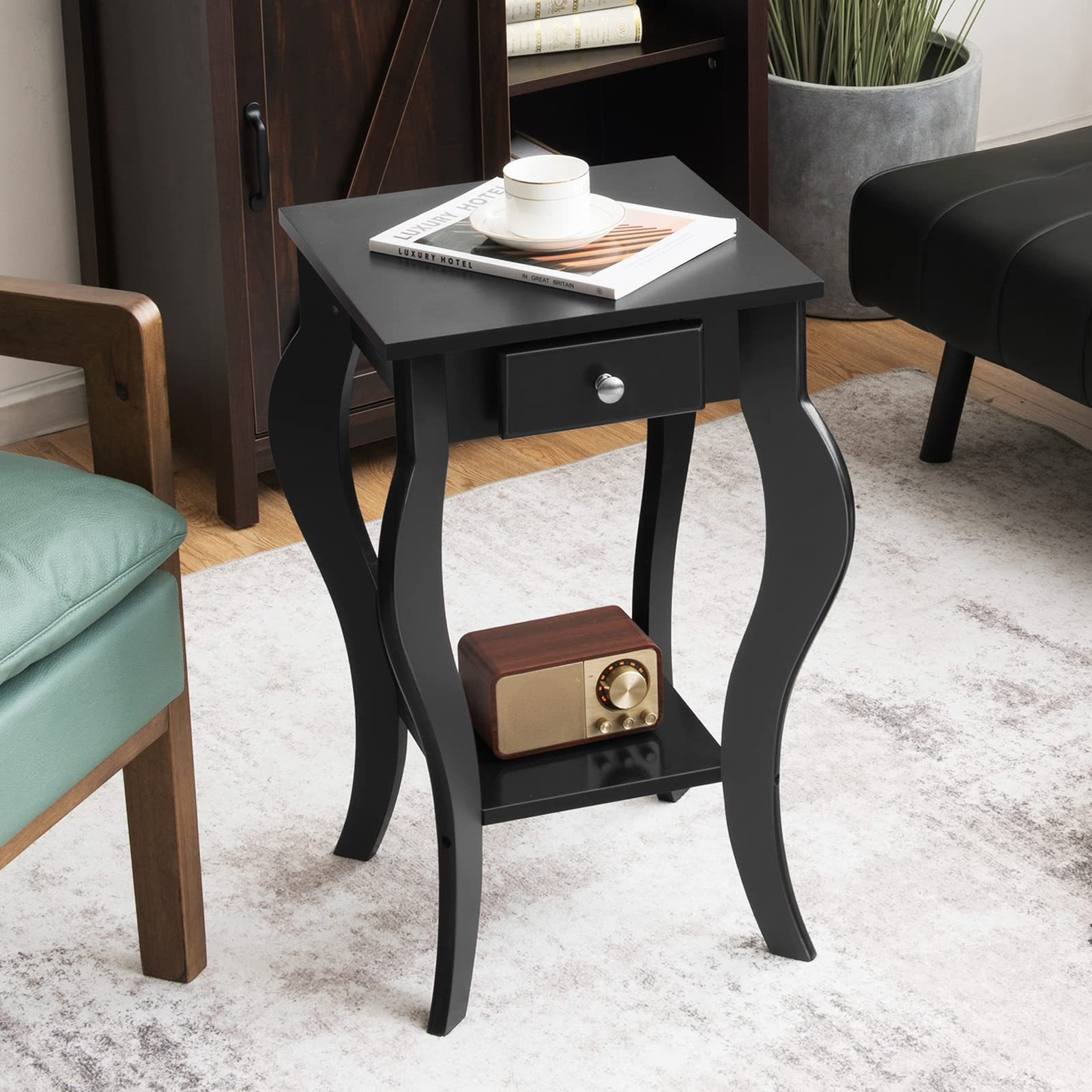 Nightstand w/Drawer & Shelf, Accent Sofa Side Table w/Curved Legs for Living Room
