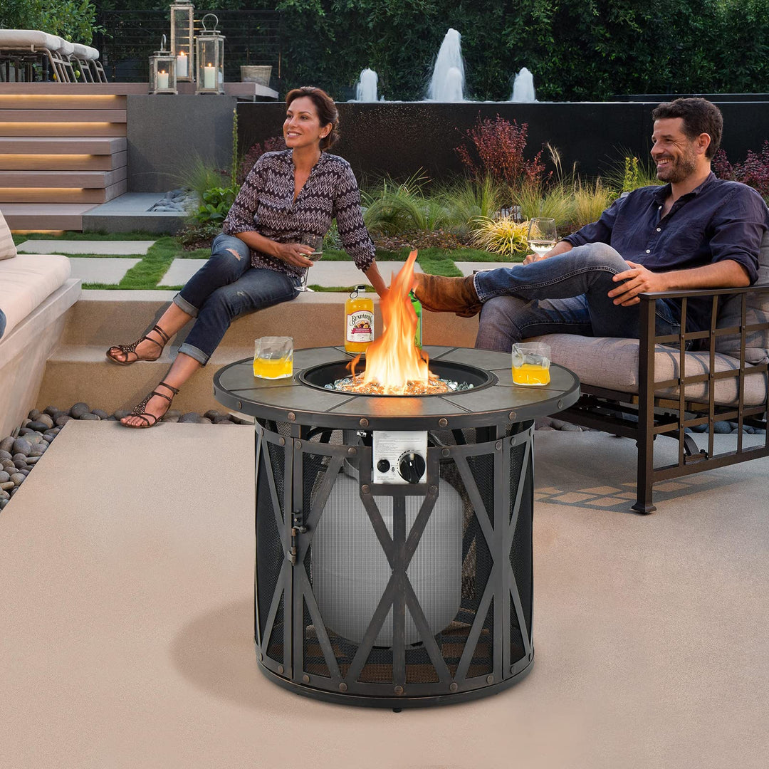 Giantex 32" Gas Fire Pit Table - 30,000 BTU Round Outdoor Fire Pit with Lid, PVC Cover, Glass Stones, Black