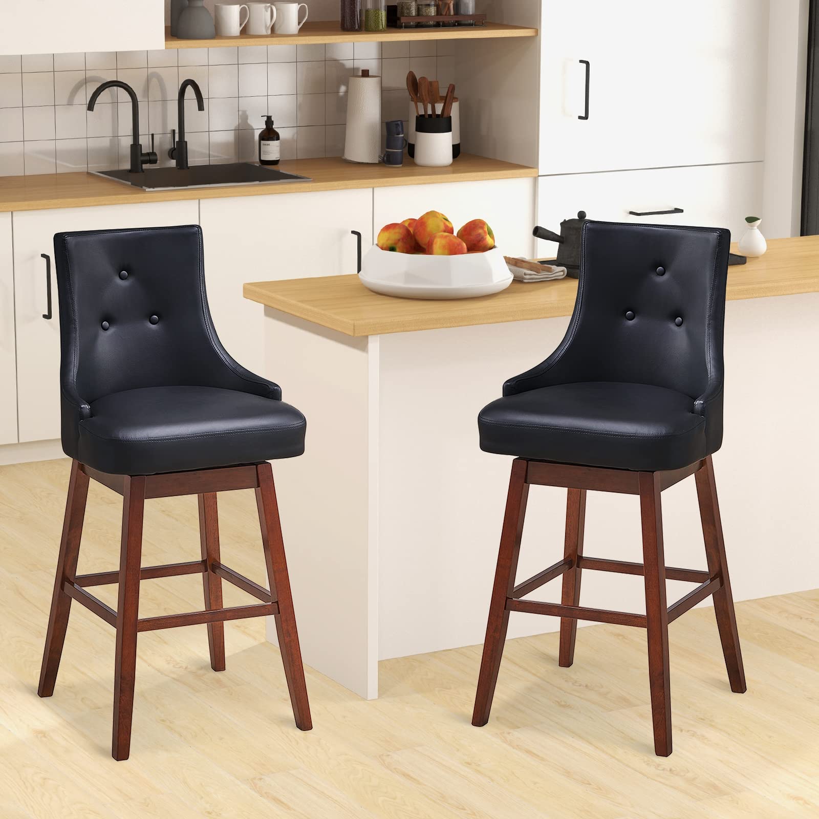Giantex Swivel Bar Stools with Back Set of 2, 29" Counter Height Barstools with Foot Pads, Black