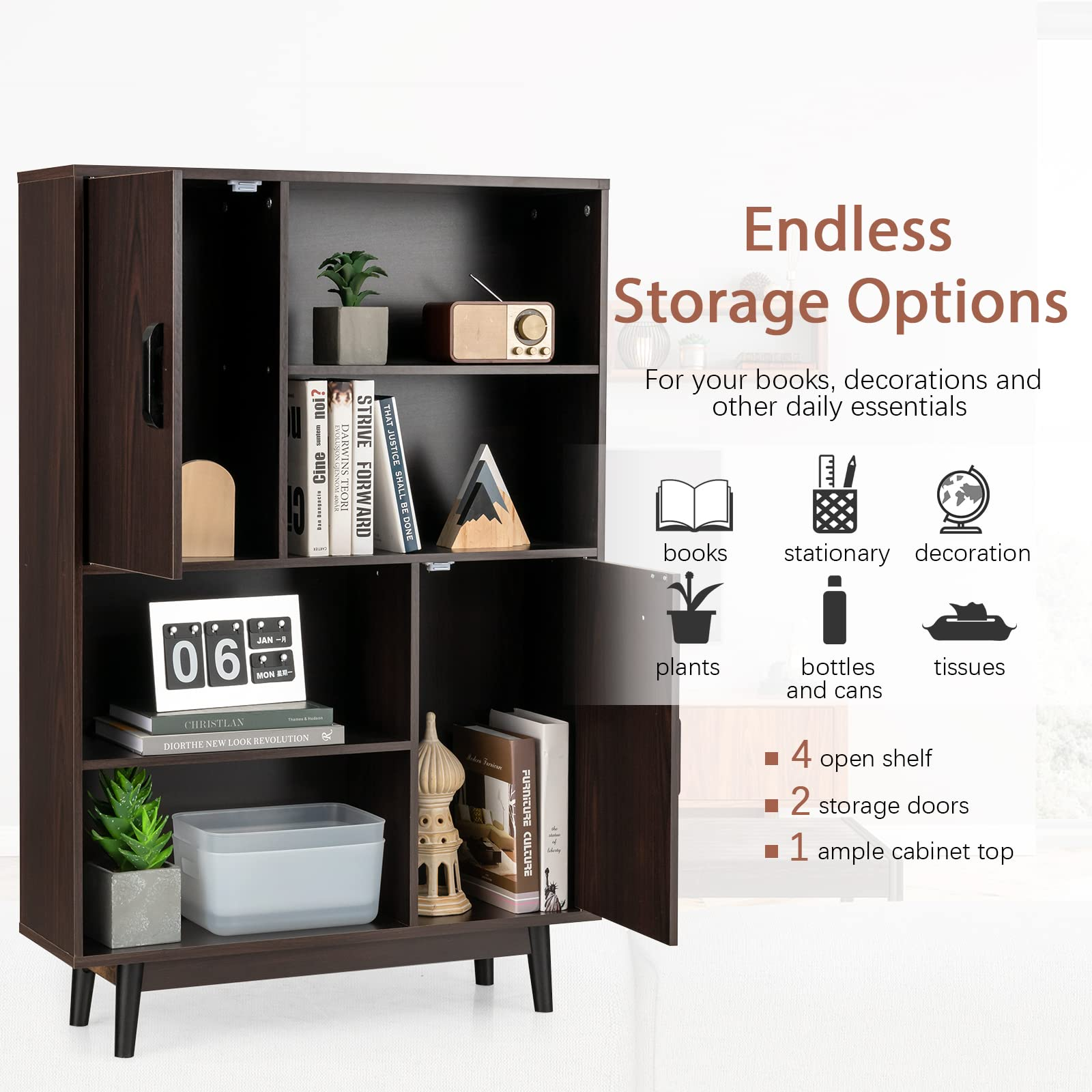 Giantex Storage Cabinet with Legs, Floor Cabinet with Doors, Shelves, Anti-tipping Device, 4-Tier Bookshelf