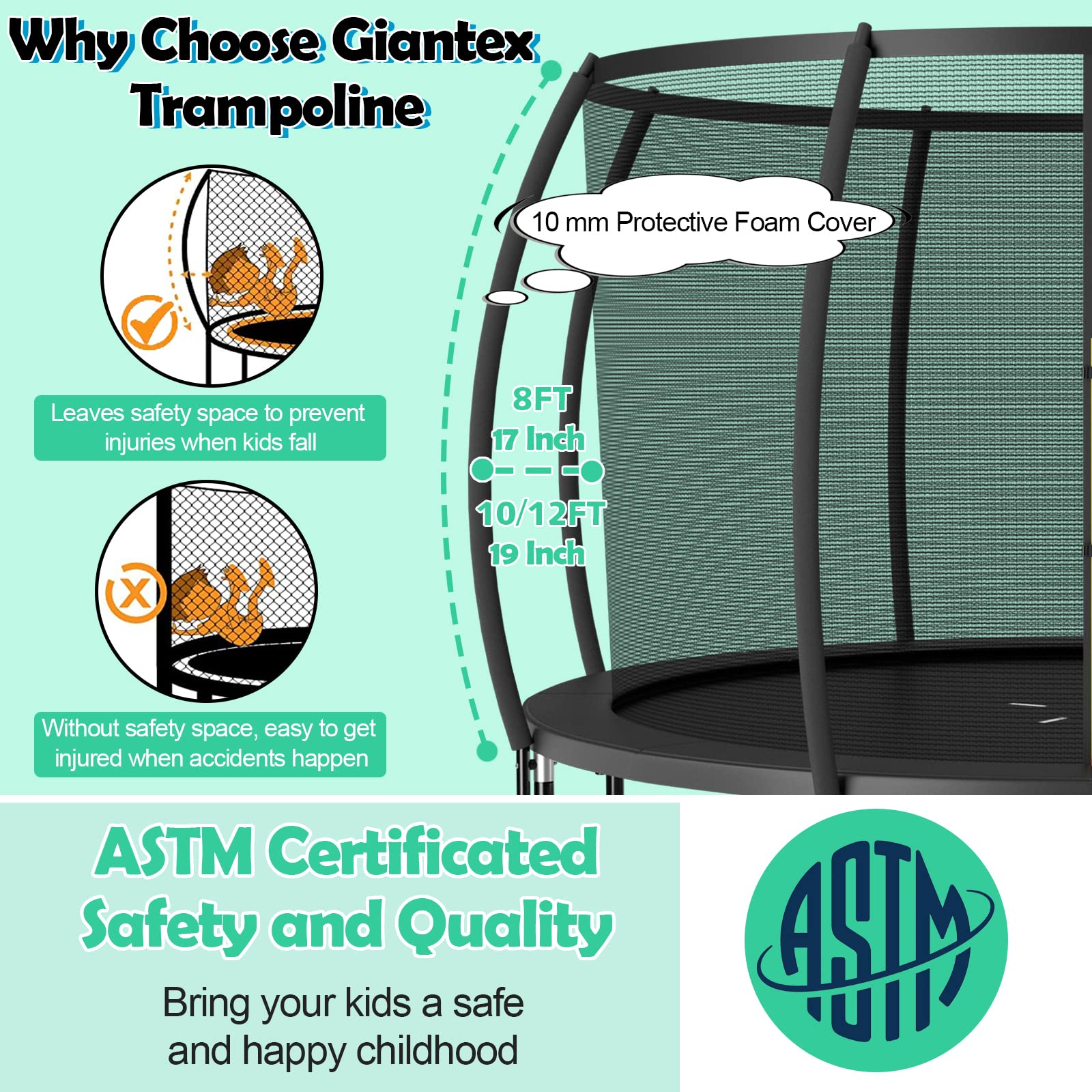 Giantex 8FT 10FT 12FT Trampoline with Enclosure, ASTM Approved Outdoor Large Trampoline with Ladder