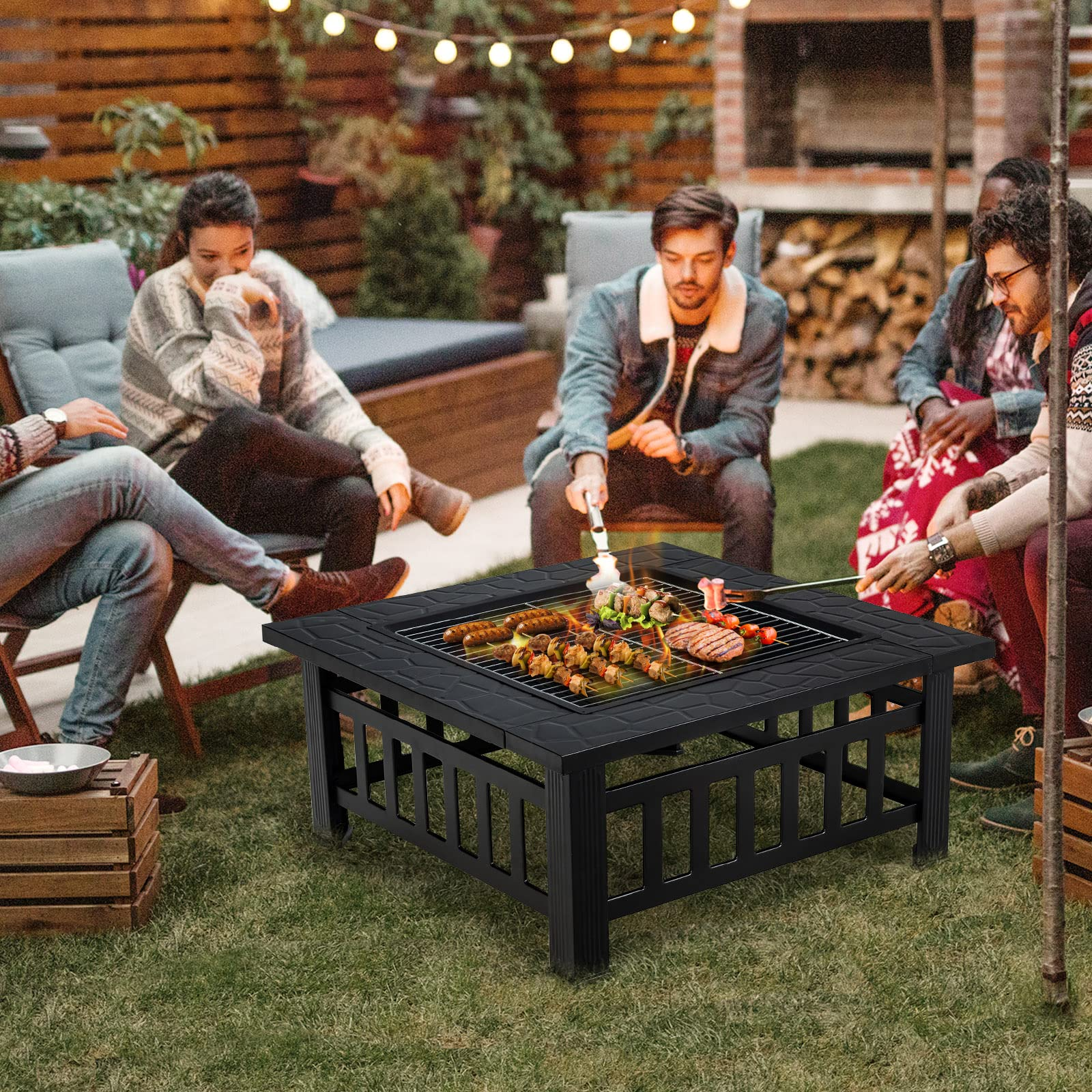 32" Outdoor Fire Pits, 3 in 1 Square Wood Burning Firepit