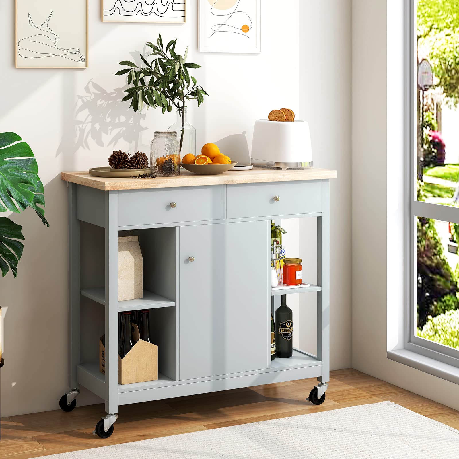 Giantex Mobile Kitchen Island Cart, Rolling Kitchen Island w/Rubber Wood Top (Gray)