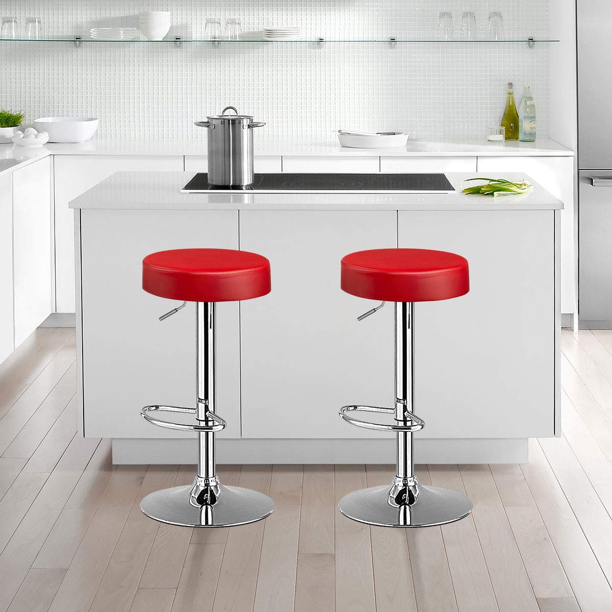 Modern Swivel Backless Round Barstool, PU Leather Armless bar Chair with Height Adjustable, Chrome Footrest