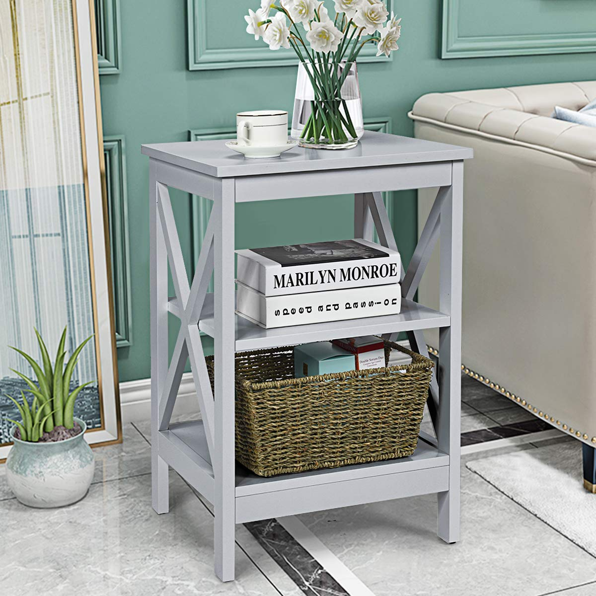 Nightstand 3-Tier X-Design W/Storage Shelves and Stable Structure Storage Organizer Display Sofa Side Table