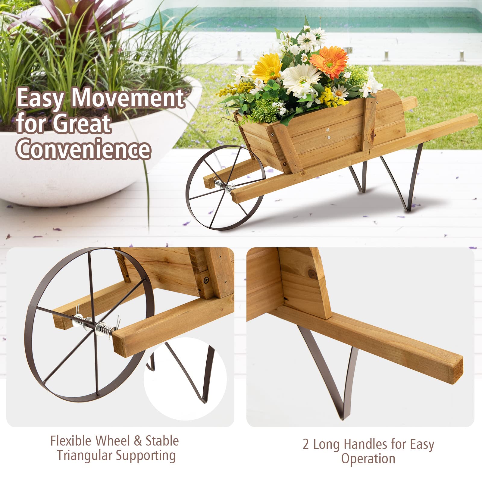 Giantex Wooden Wagon Planter, Small Wheelbarrow Wagon Flower, Indoor & Outdoor Raised Bed