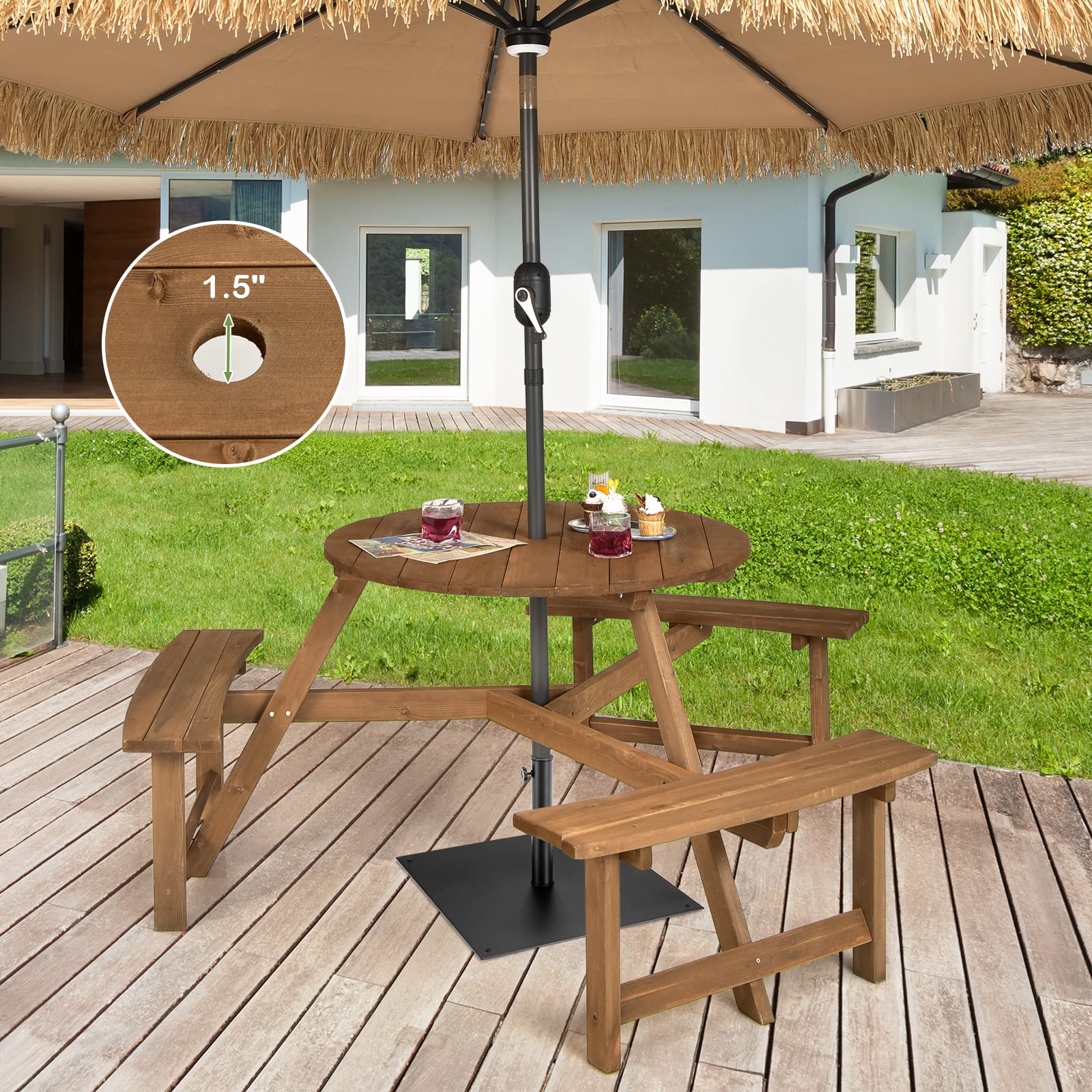 Giantex Wooden Picnic Table for 6 Person, Round Outdoor Table with 3 Benches, Umbrella Hole