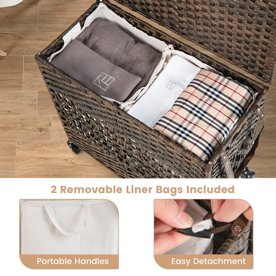 Giantex Laundry Hamper with Wheels and Lid, 33 Gal (125L) Wicker Laundry Basket, 2 Removable Liner Bags