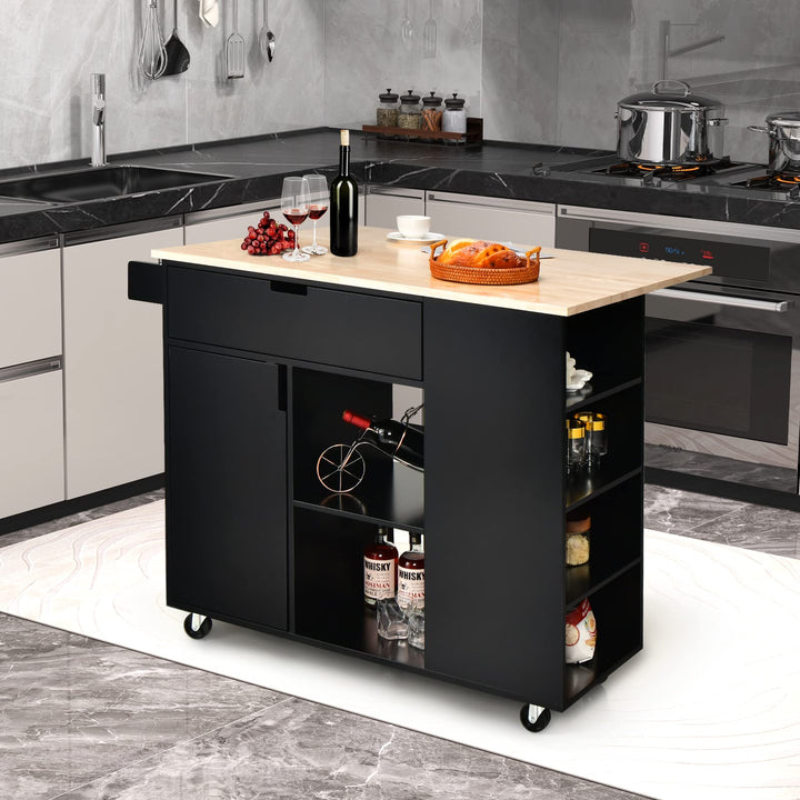 Giantex Kitchen Island Cart Drop-Leaf Countertop, Rubber Wood Breakfast Dining Table w/Large Drawer