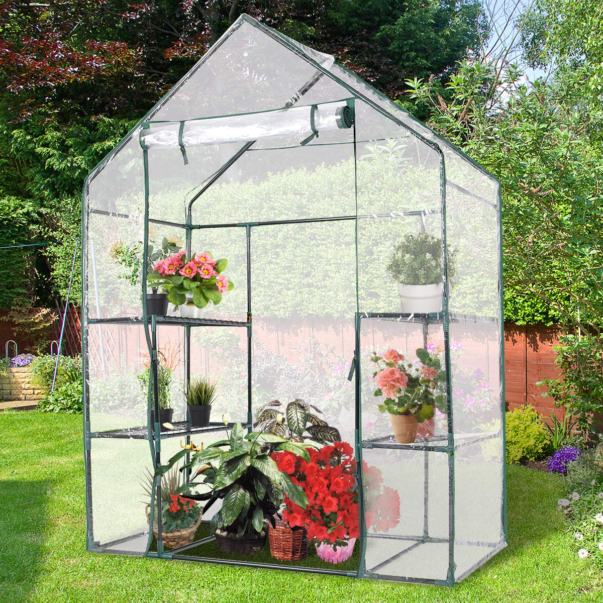 Giantex Greenhouse Outdoor Large Walk-in Plant Green House with 3 Tier Shelves for Plants