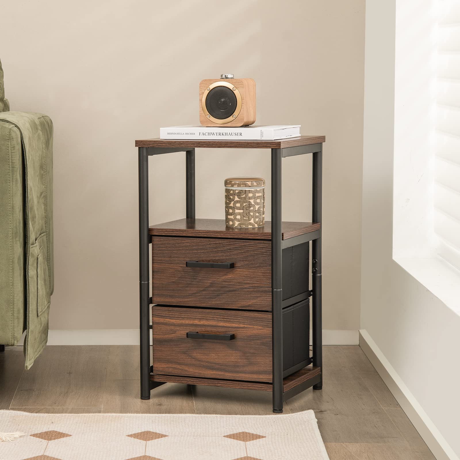 Giantex Nightstand, Bedside Table with 2 Fabric Drawers & Open Wood Shelf Storage