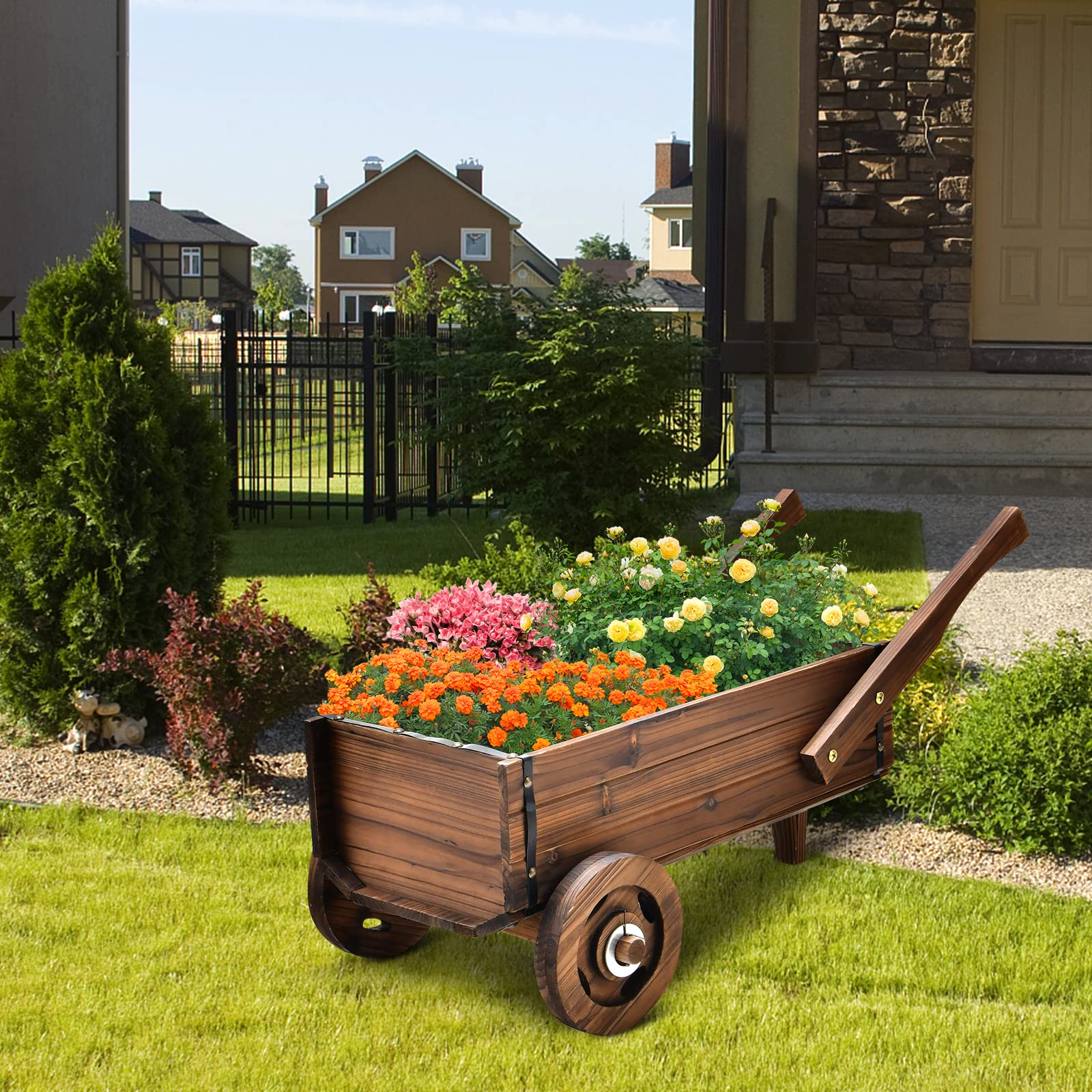 Giantex Wooden Wagon Planter Box, Decorative Wagon Cart with Wheels, Handles