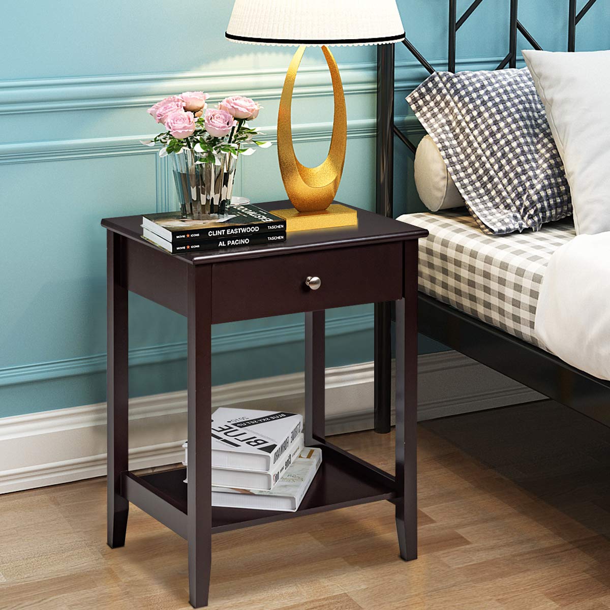 Nightstand Wooden 2-Tier Couch Sofa Side Table with Drawer, End Table