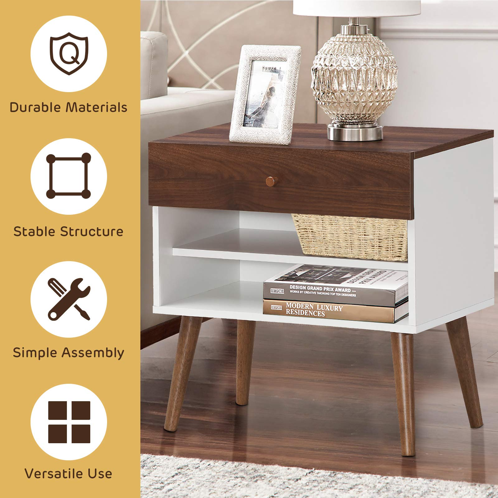 Nightstand with Drawer and Storage Shelves & Rubber Wood Legs, Brown&White