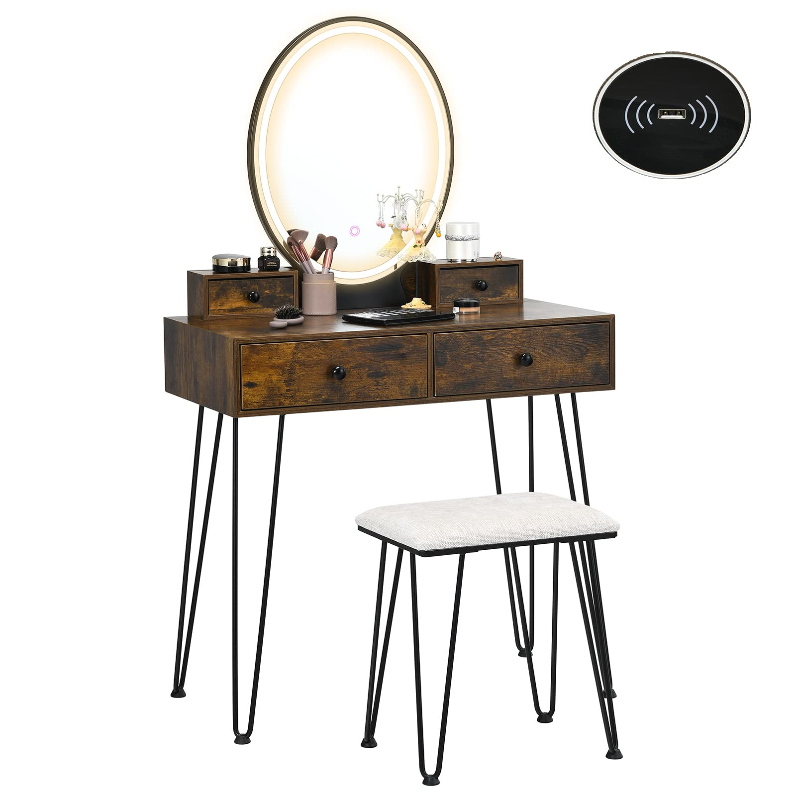 Charmaid vanity set with touch screen dimming mirror outlet