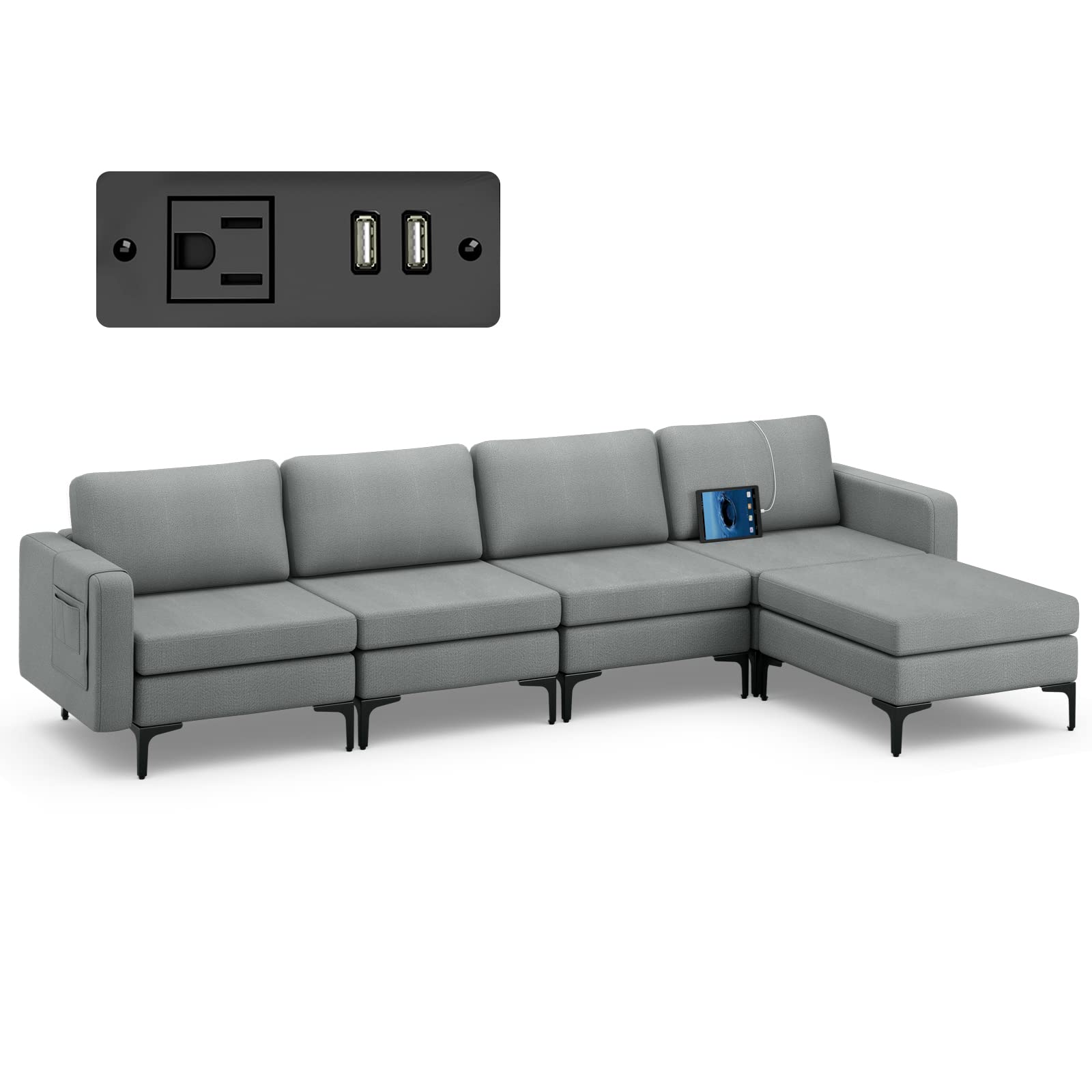 Giantex 4 Seat Convertible Sofa Couch, 123" L Sectional Sleeper with 2 or 1 USB Ports Socket