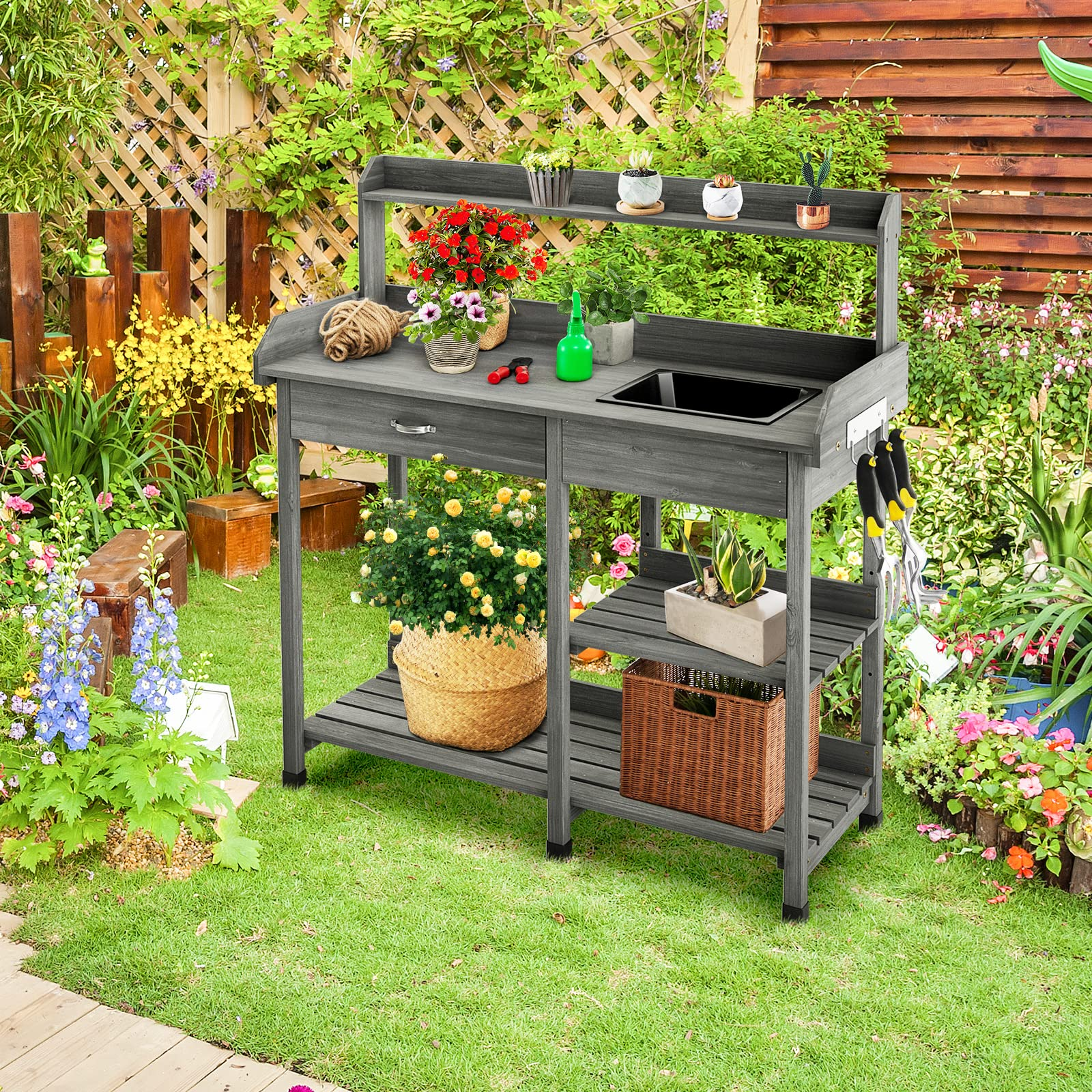 Giantex Potting Bench Table, Wood Garden Work Table with Sink Drawer Hooks and 3 Storage Shelves