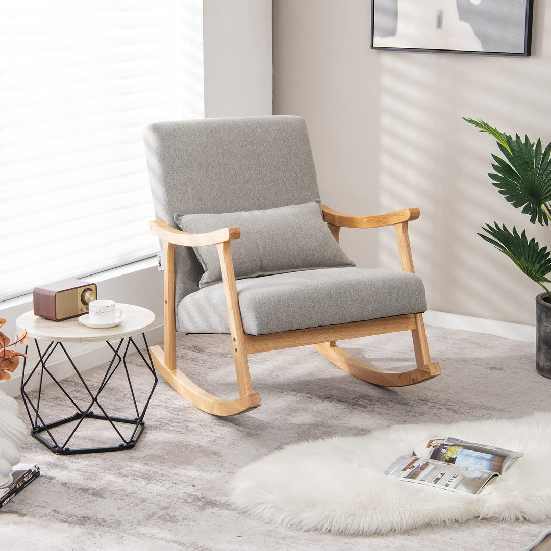Giantex Upholstered Rocking Chair - Modern Rocker with Rubber Wood Frame, Comfy Backrest & Seat
