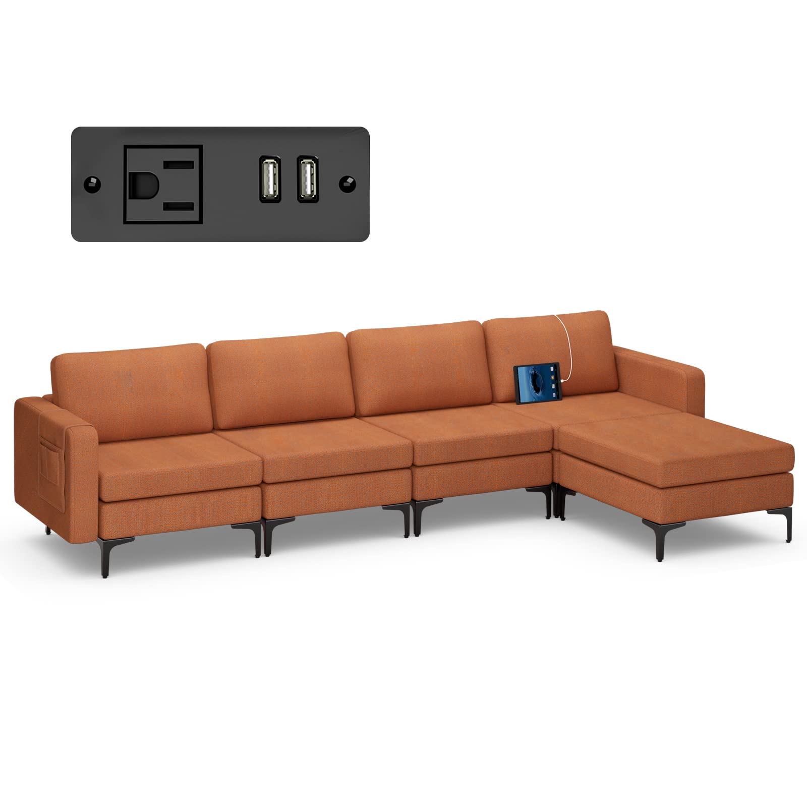 Giantex 4 Seat Convertible Sofa Couch, 123" L Sectional Sleeper with 2 or 1 USB Ports Socket