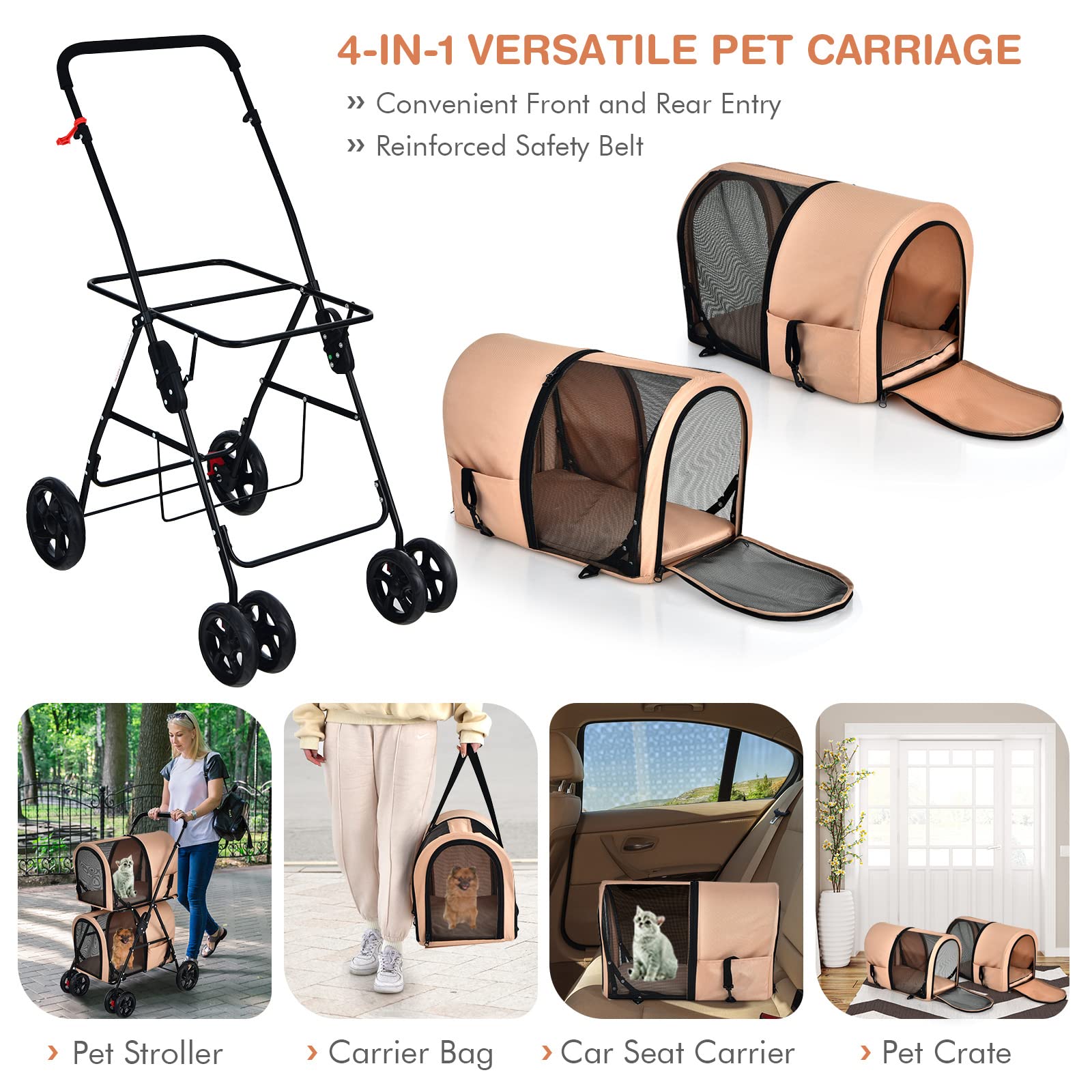 Double Pet Stroller with 2 Detachable Carrier Bags, 4 Lockable Wheels Cat Stroller
