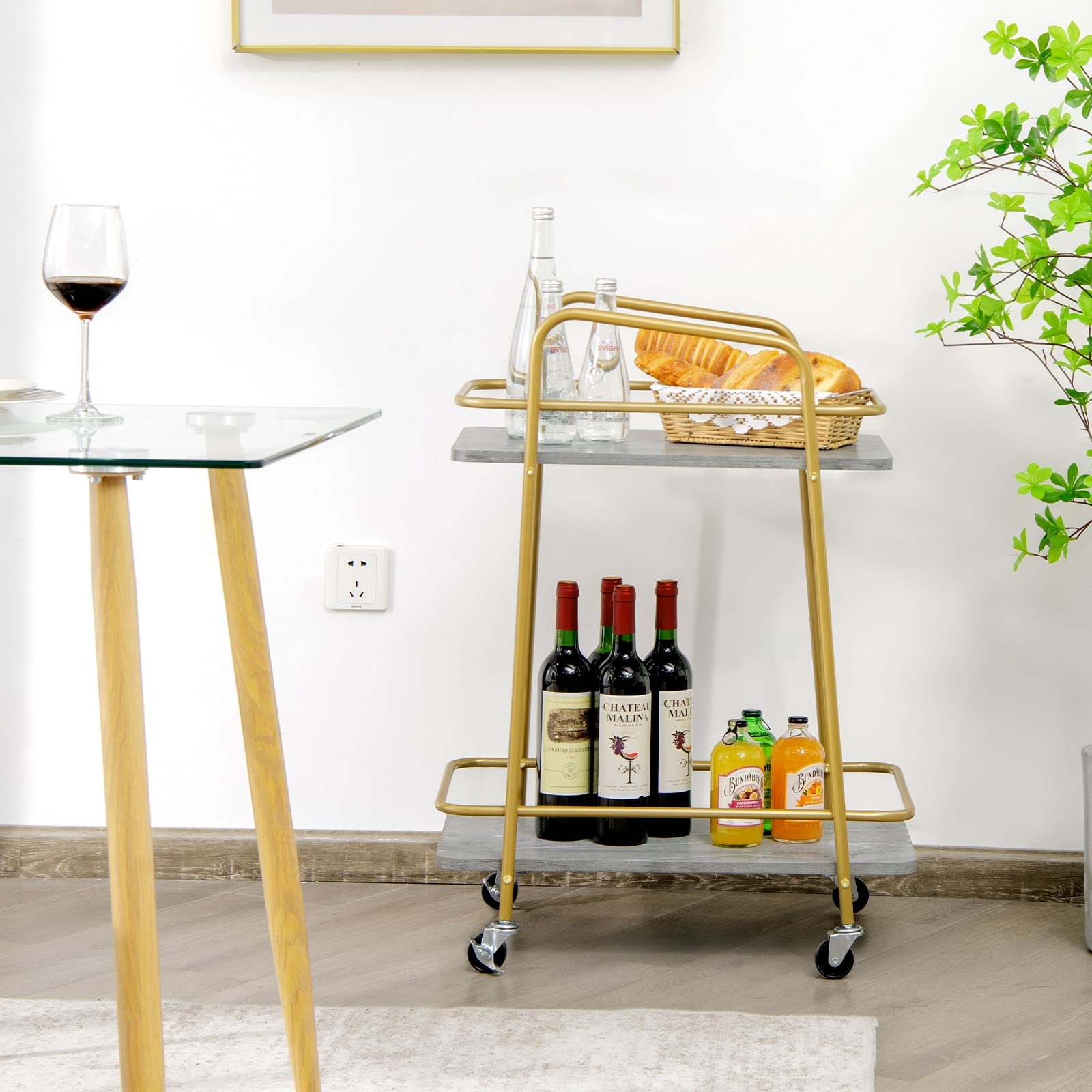 Giantex Gold Bar Cart, Island Service Cart, 2 Tier Storage Shelves with Guardrail for Dining Room Wine Coffee Bar