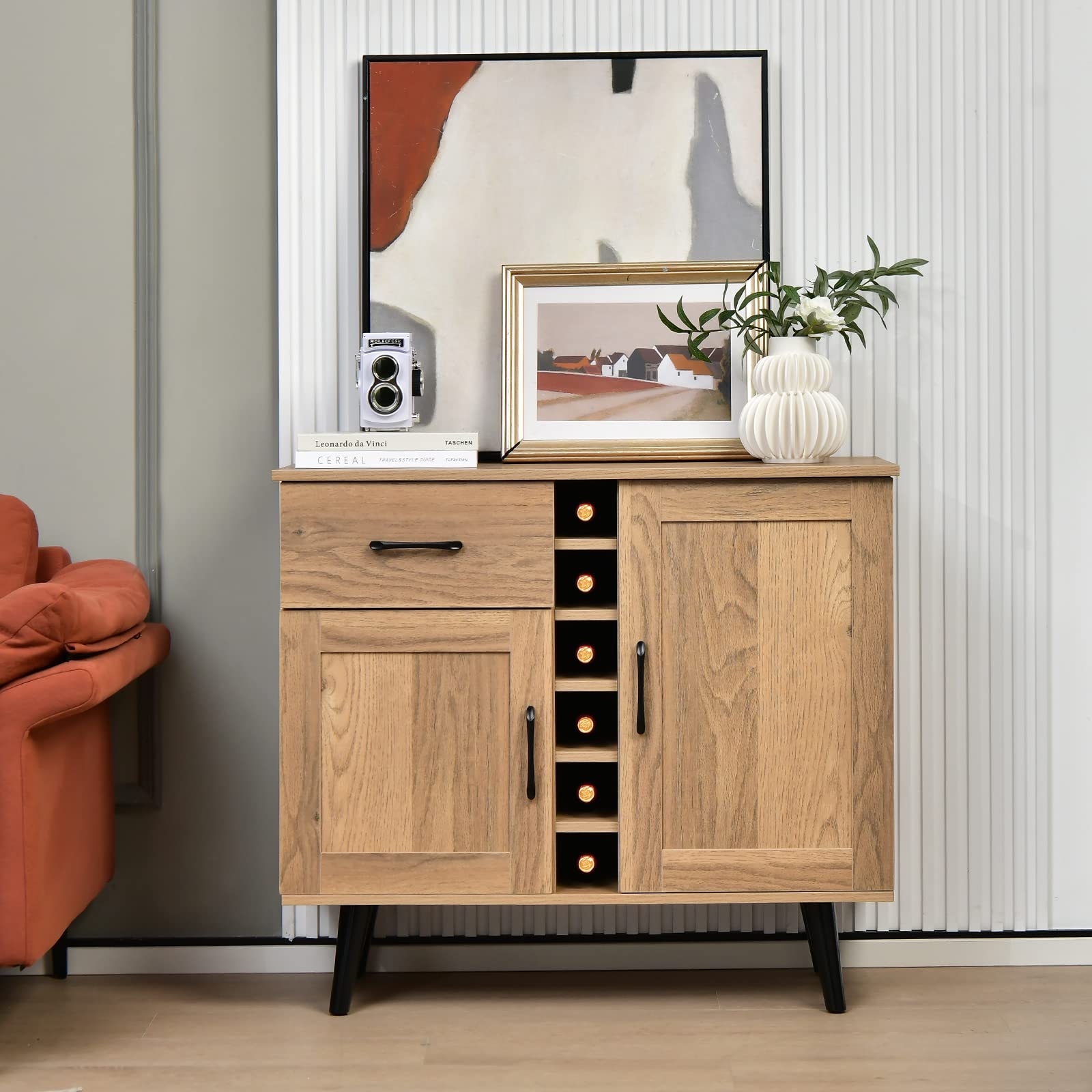 Giantex Buffet Sideboard Storage Cabinet - Wood Pantry Cupboard with 6-Bottle Wine Rack