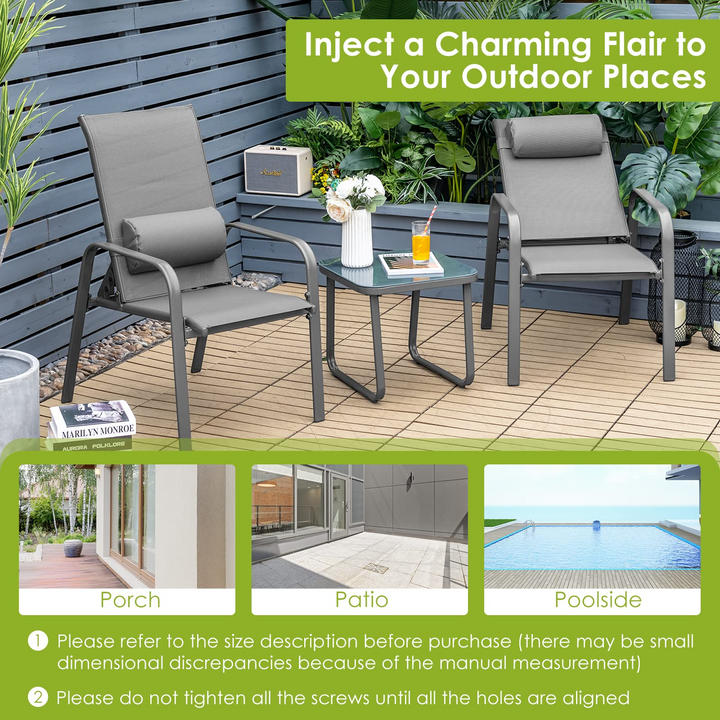 Giantex Stackable Patio Chairs with Adjustable Backrest Headrest, 3 Pieces