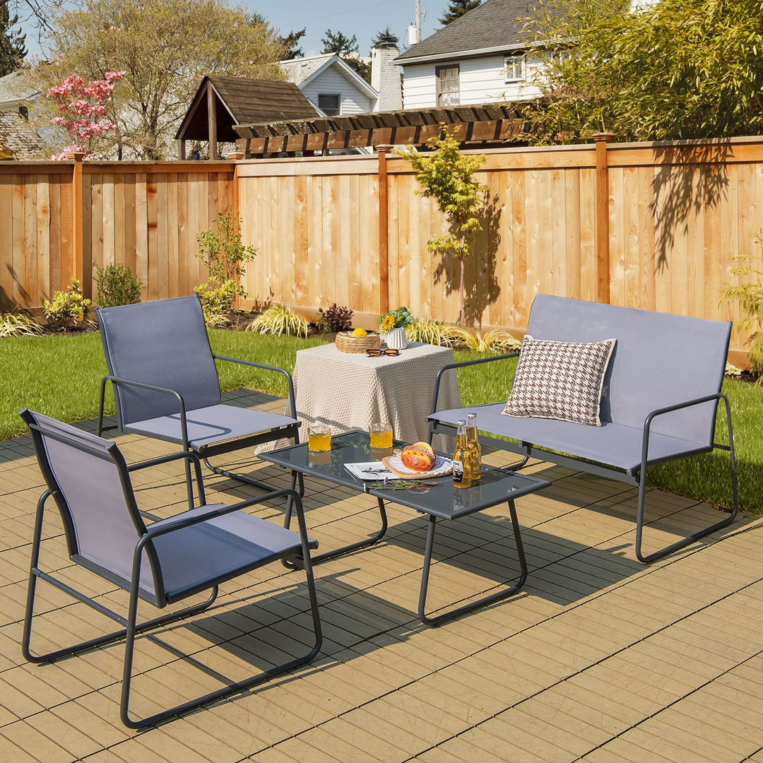 Giantex 4 Pieces Patio Furniture Set, Outdoor Conversation Set with 2 Patio Dining Chairs, Tempered Glass Coffee Table