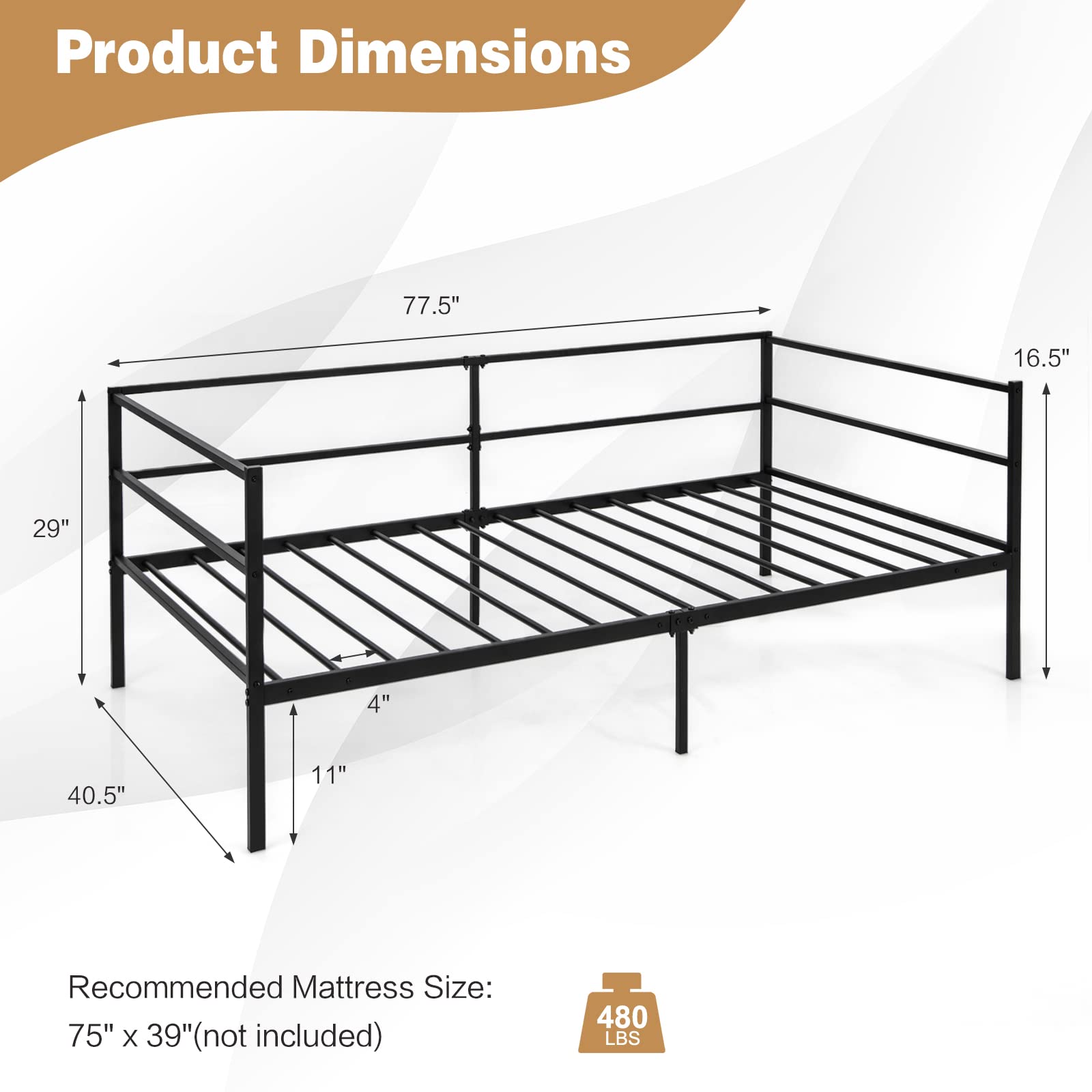Giantex Twin Daybed Frame, Metal Sofa Bed w/Heavy-Duty 16 Slats Support, Black
