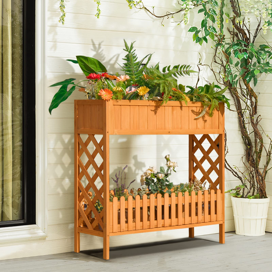 2-Tier Wood Potted Plant Rack with Fence