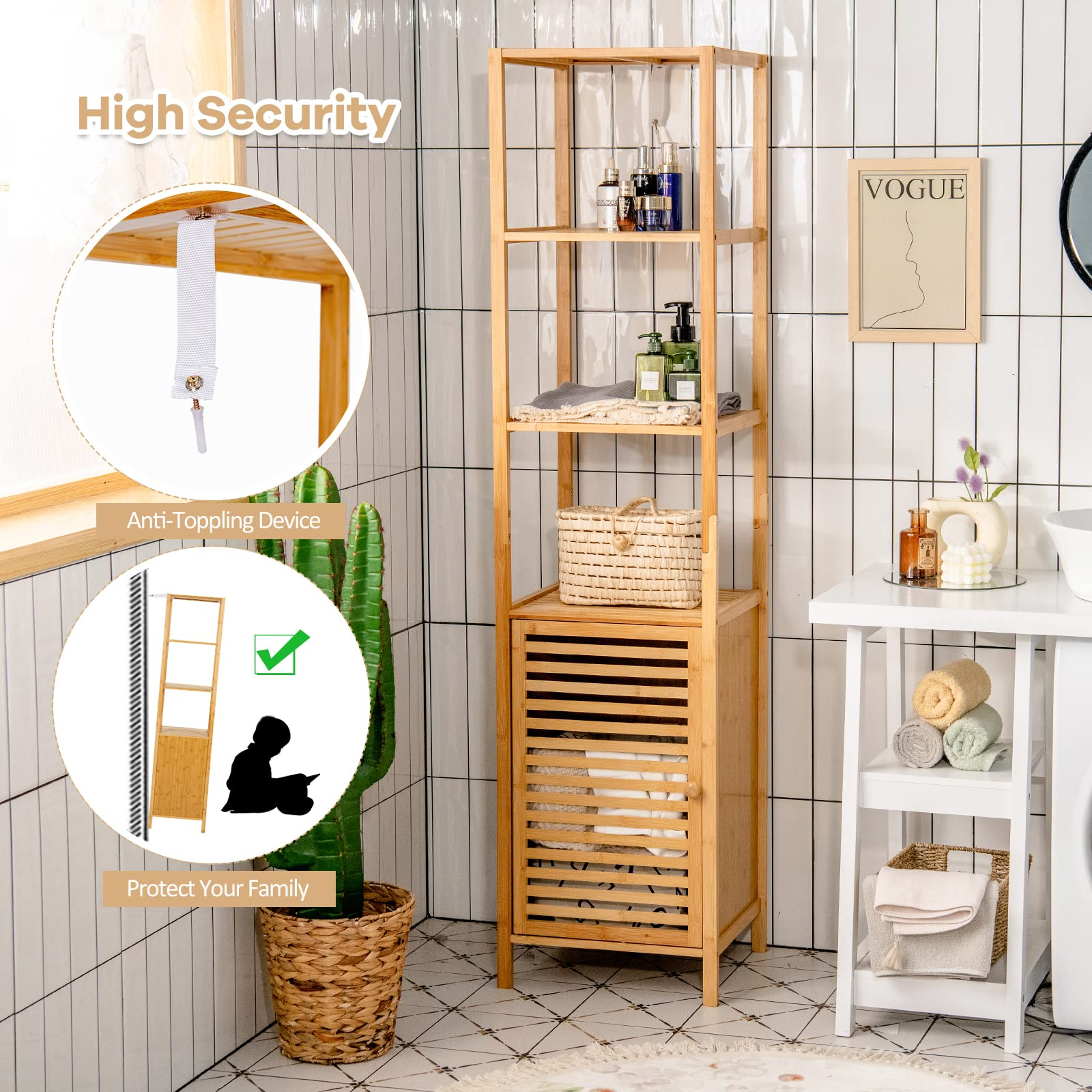 3-Tier Slim Shelving Unit with Shutter Door & Anti-Toppling Device